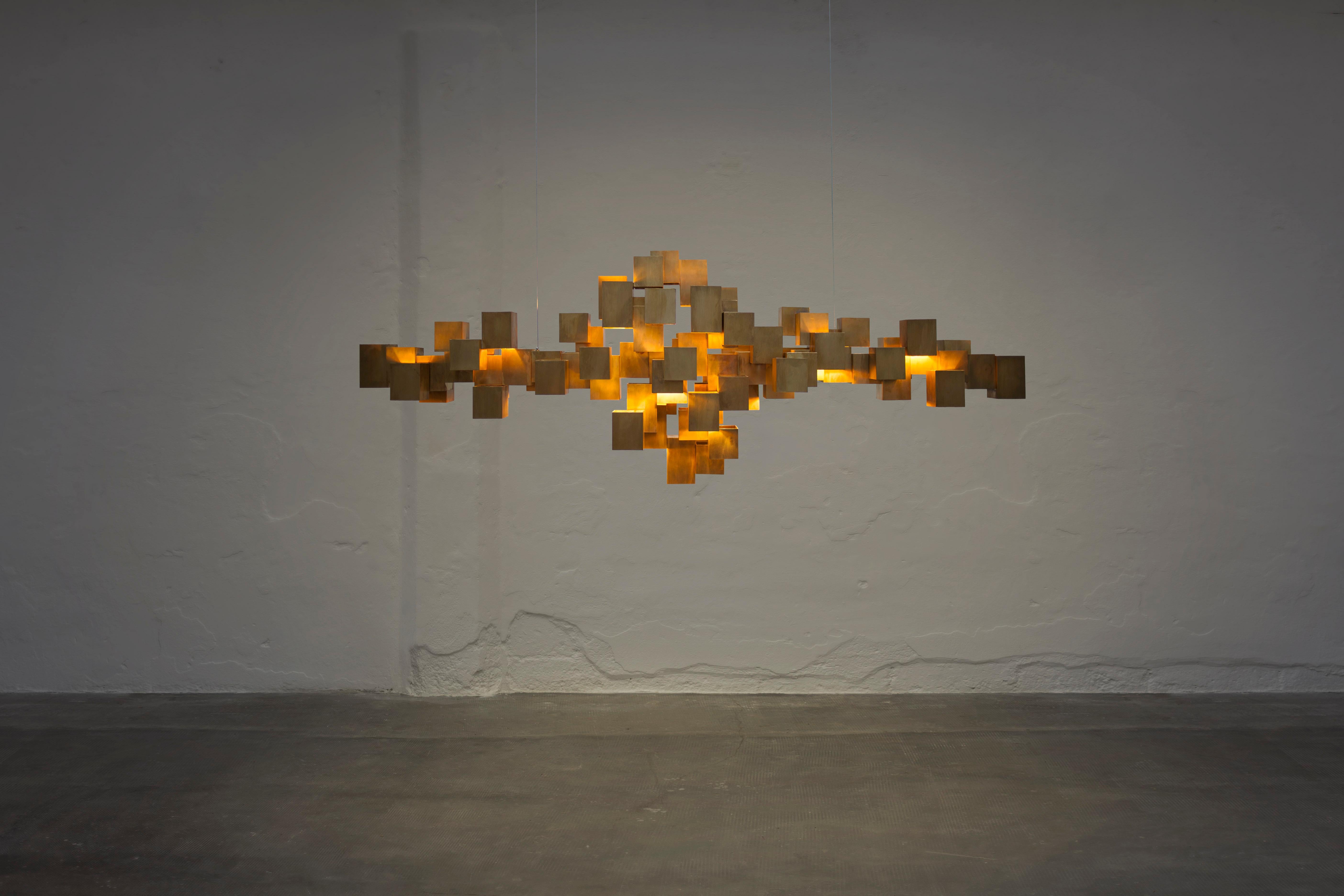 Italian Brass Cube Contemporary Chandelier by HP Sommer for Morghen Studio For Sale