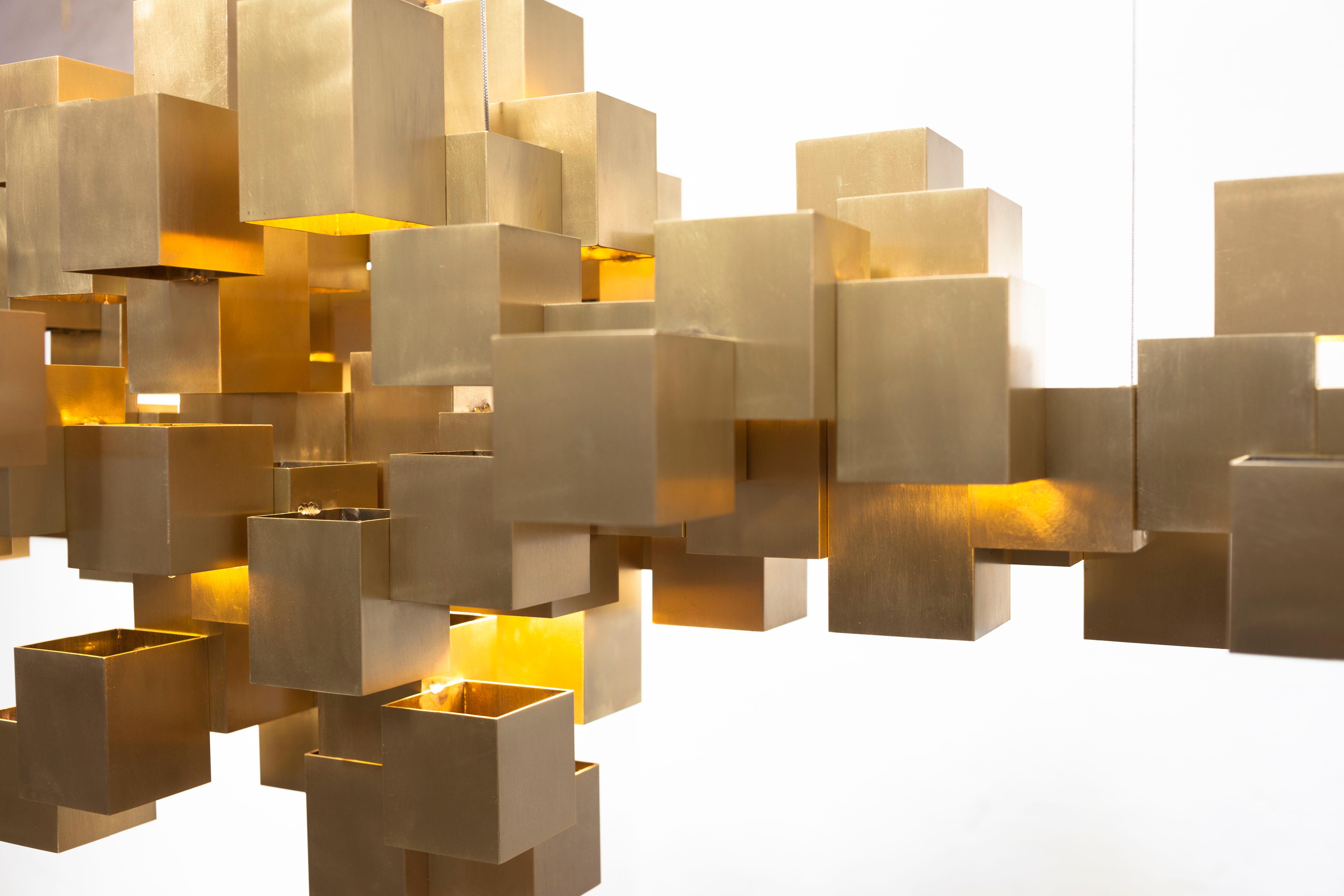 Metal Brass Cube Contemporary Chandelier by HP Sommer for Morghen Studio For Sale