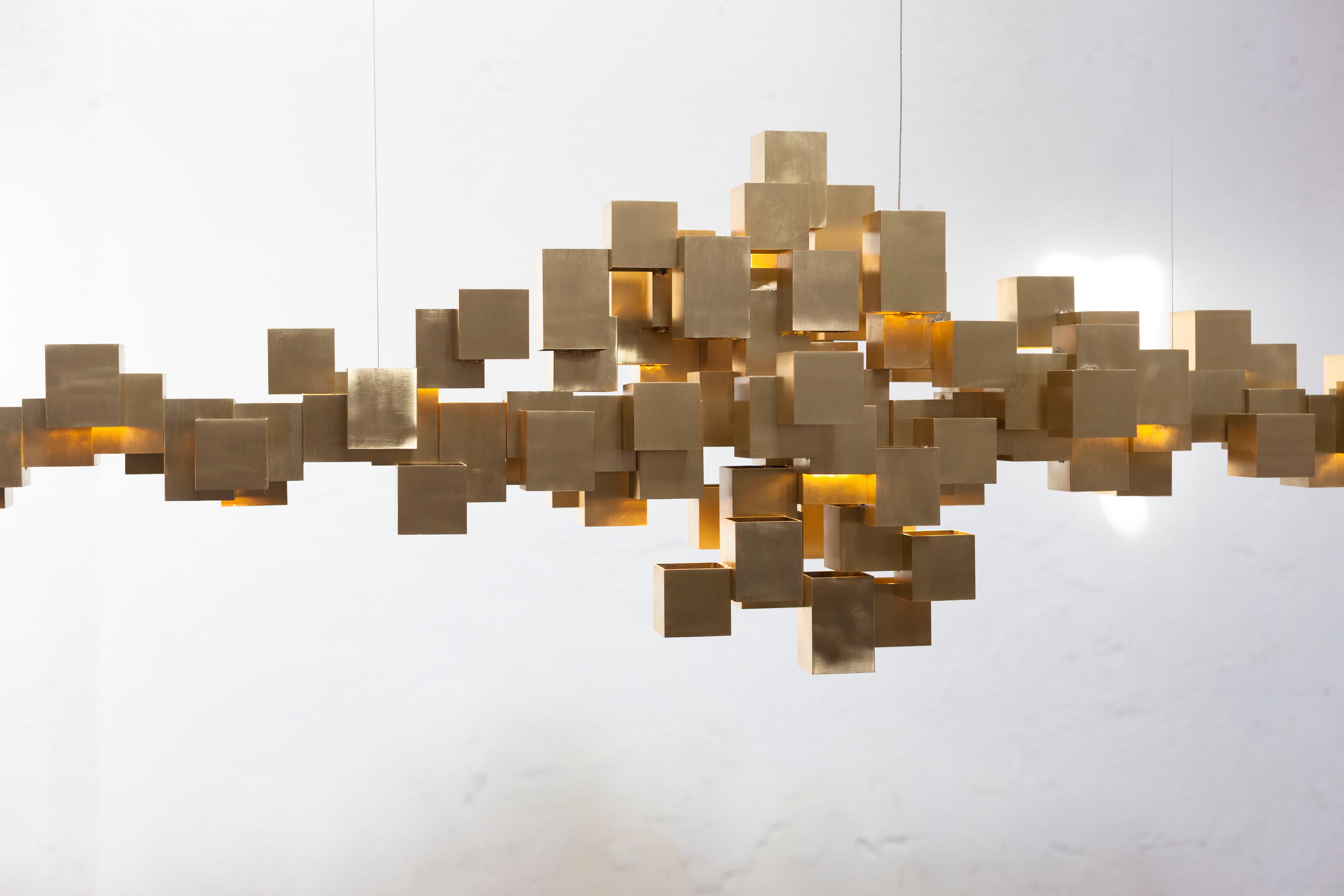 Brass Cube Contemporary Chandelier by HP Sommer for Morghen Studio For Sale 1