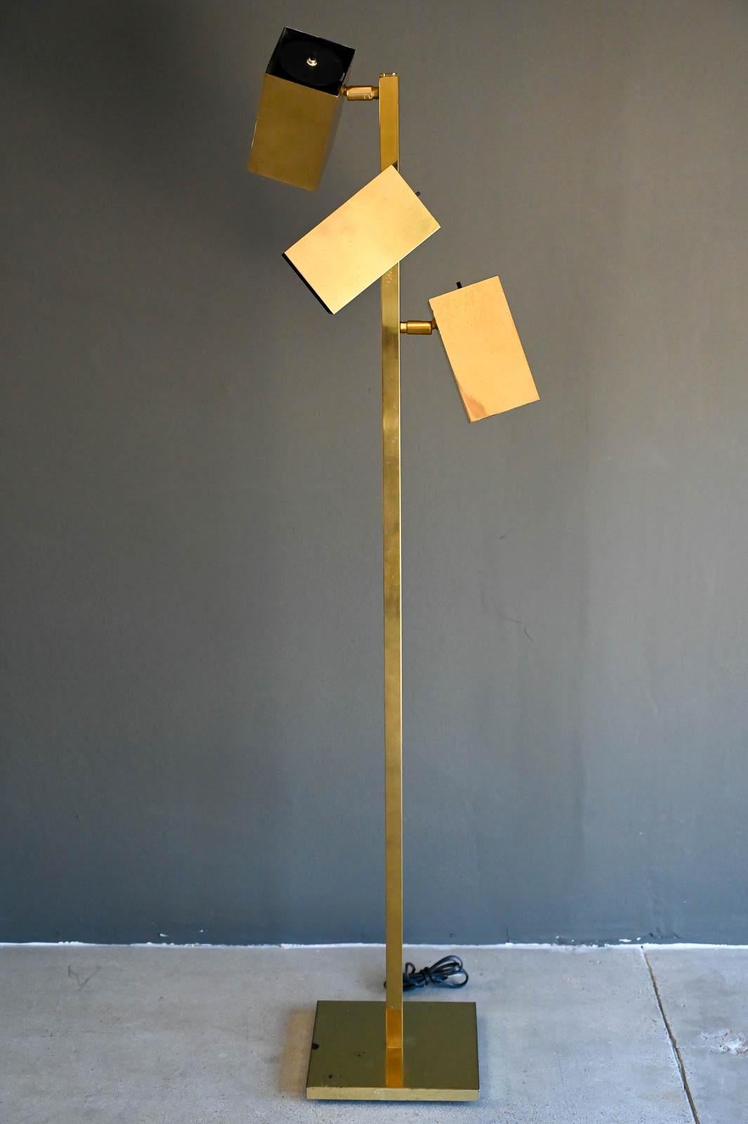 Brass Cubist Floor Lamp by Robert Sonneman for Koch & Lowy, ca. 1970.  Brass base with articulating brass shades that move separately from each other.  Each takes a standard light bulb, but you can also use LED to minimize heat from standard bulbs. 
