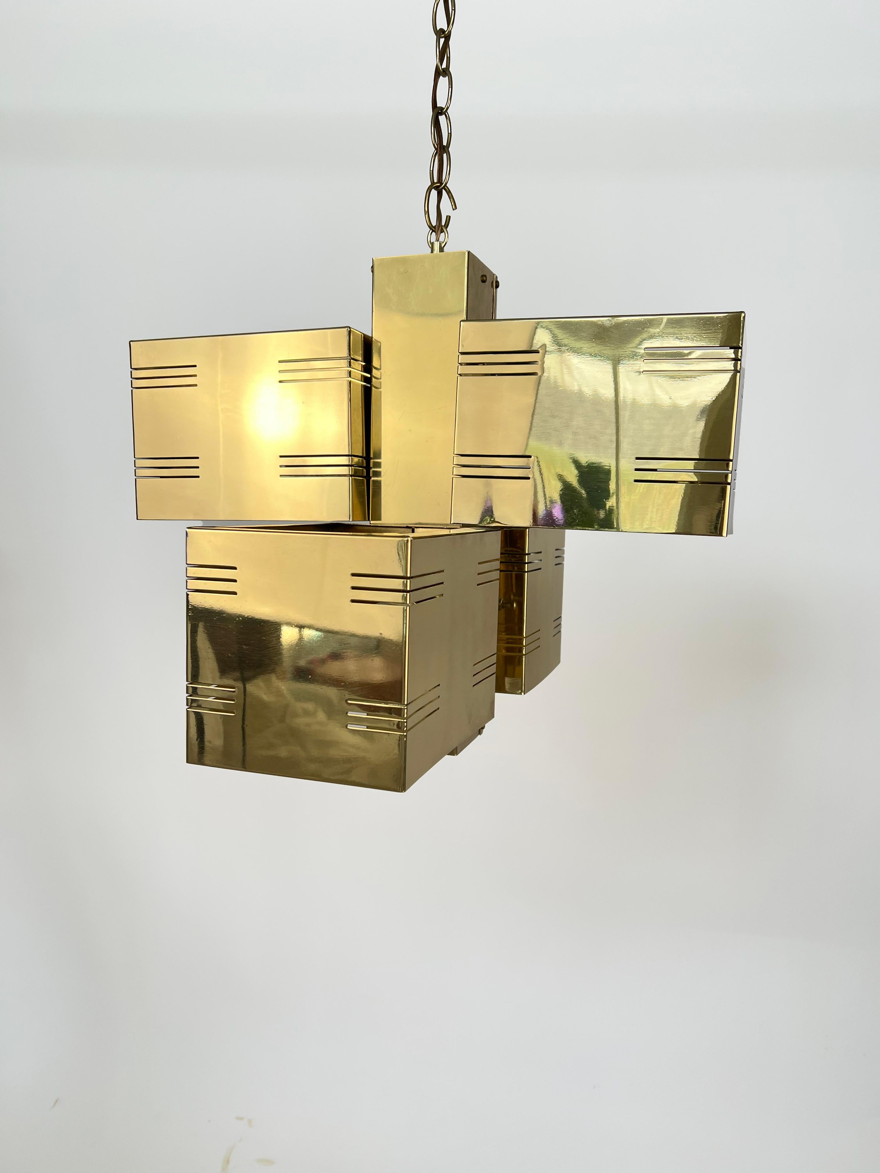 Moderne Brass Cubist or Brutalist Chandelier by Curtis Jere en vente
