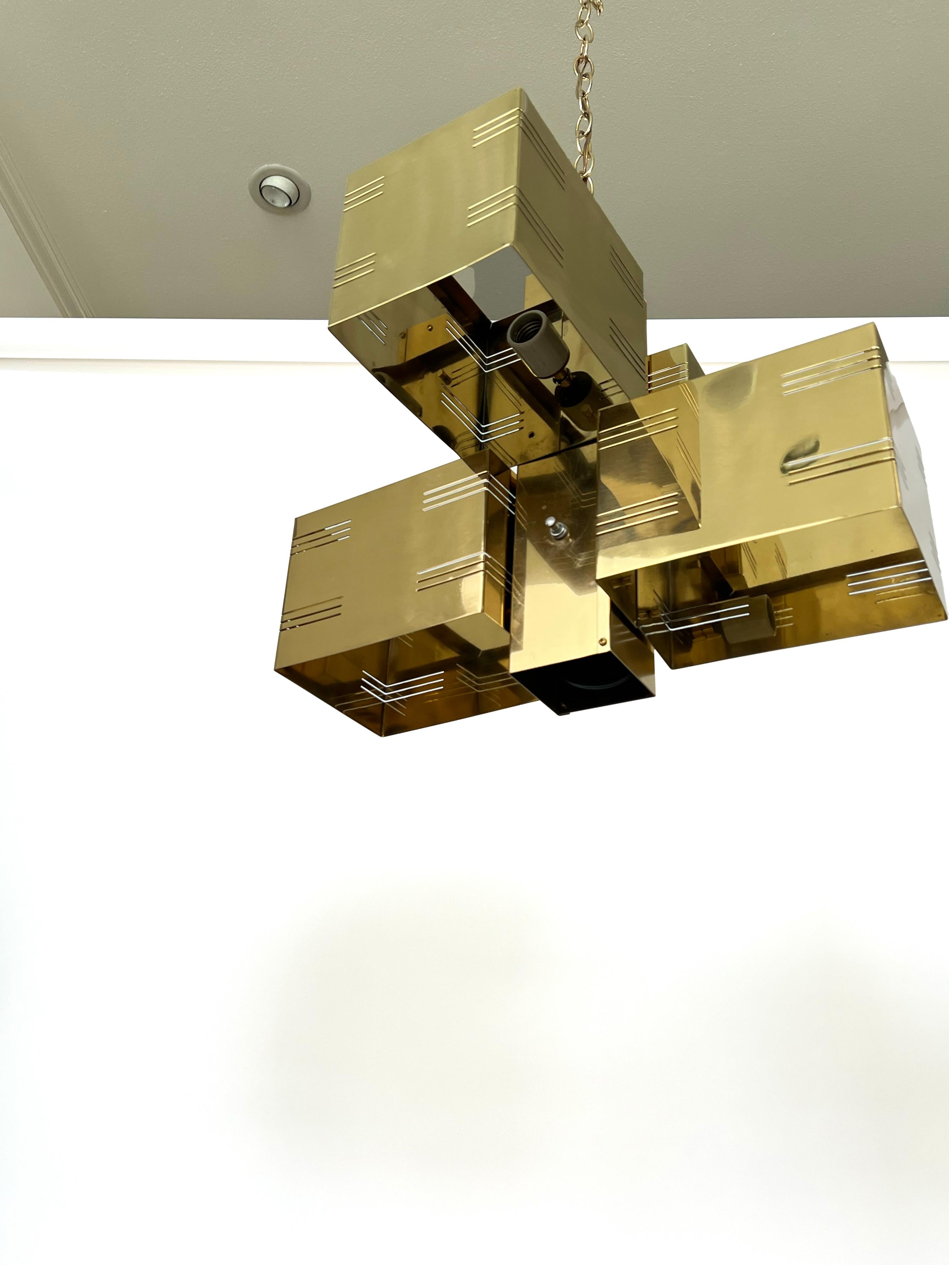 Fin du 20e siècle Brass Cubist or Brutalist Chandelier by Curtis Jere en vente