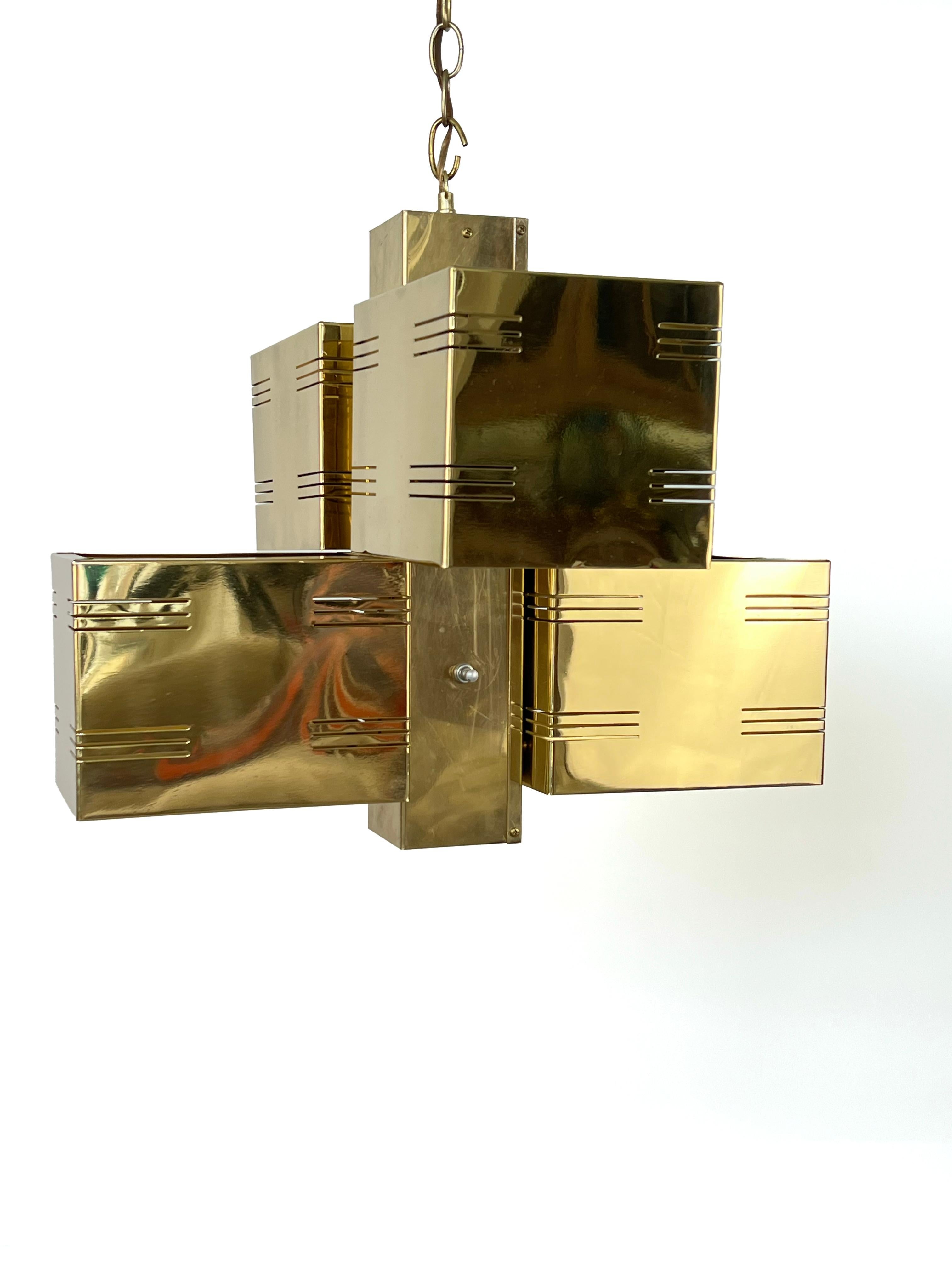 Brass Cubist or Brutalist Chandelier by Curtis Jere en vente 1