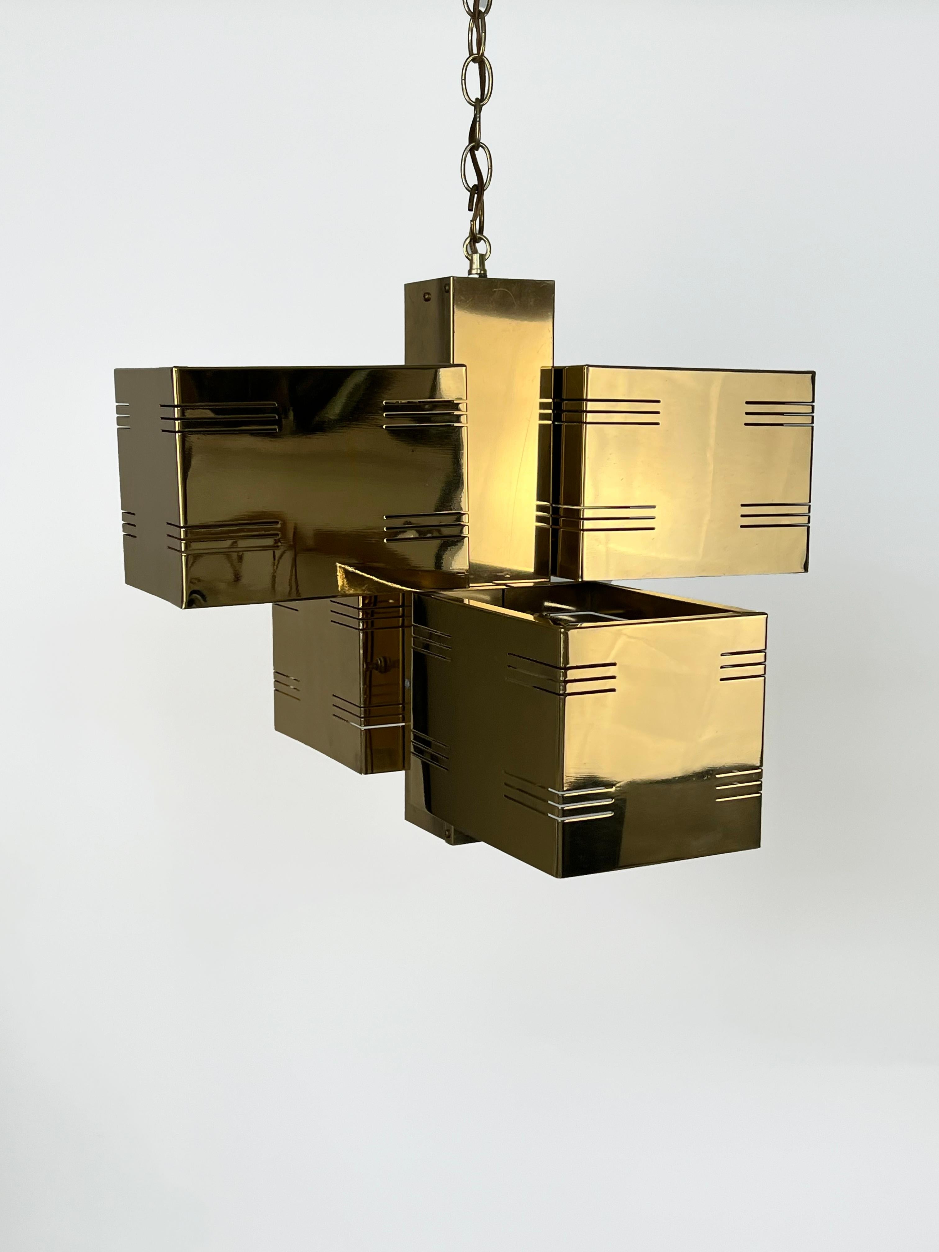Brass Cubist or Brutalist Chandelier by Curtis Jere en vente 2