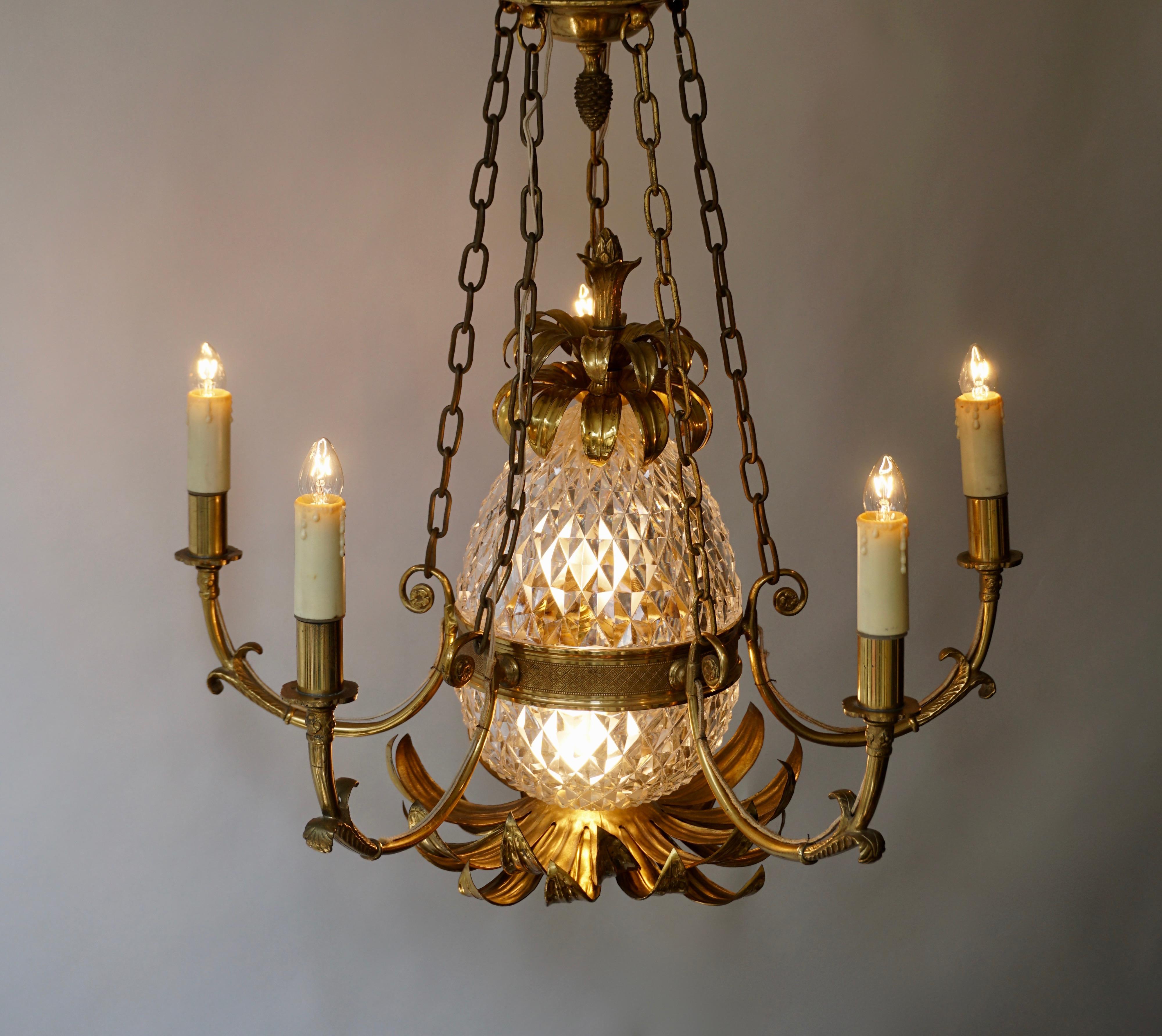 Brass and Cut Crystal Pineapple Chandelier with 5-Arm Light For Sale 3