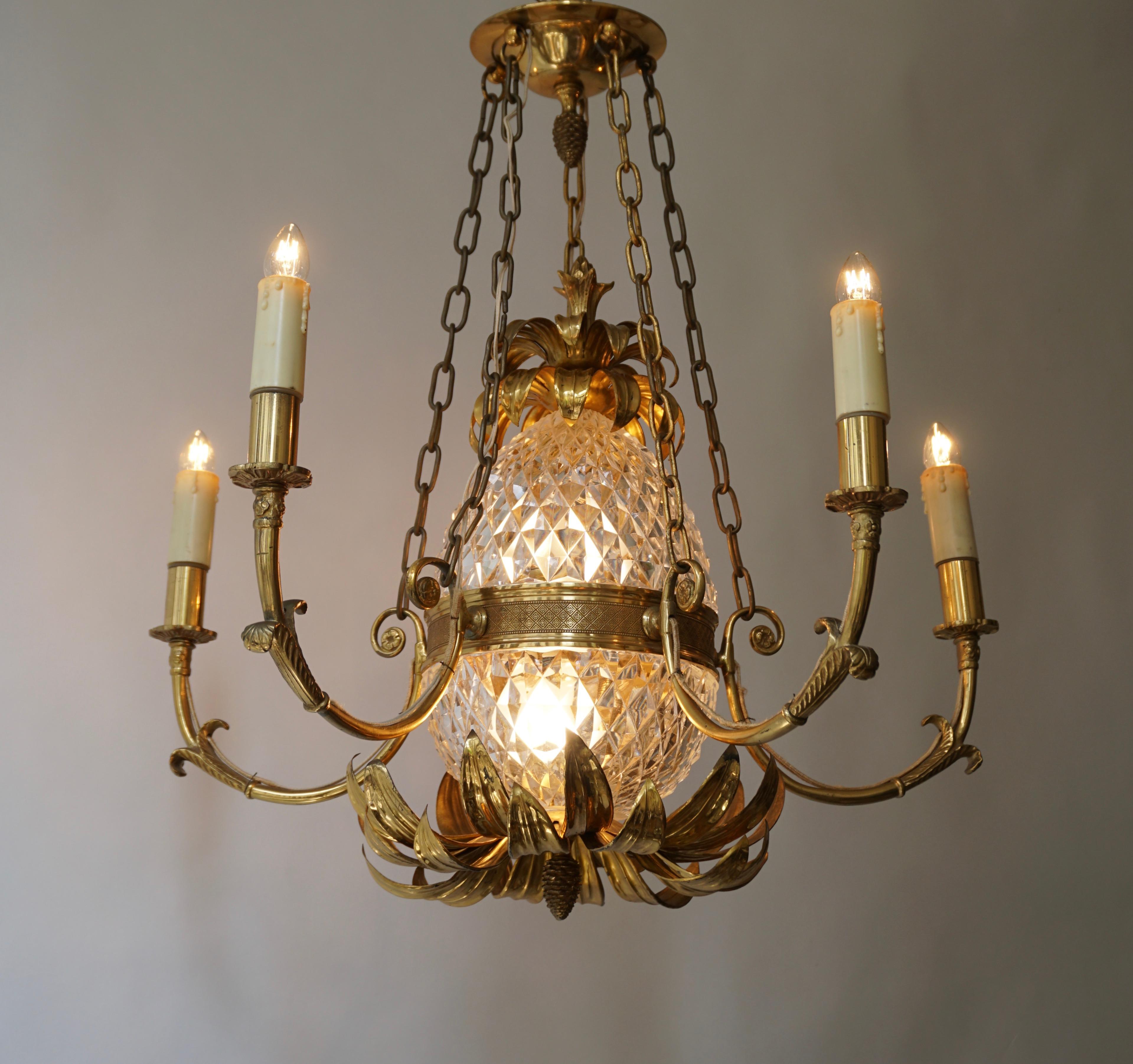 Hollywood Regency Brass and Cut Crystal Pineapple Chandelier with 5-Arm Light For Sale