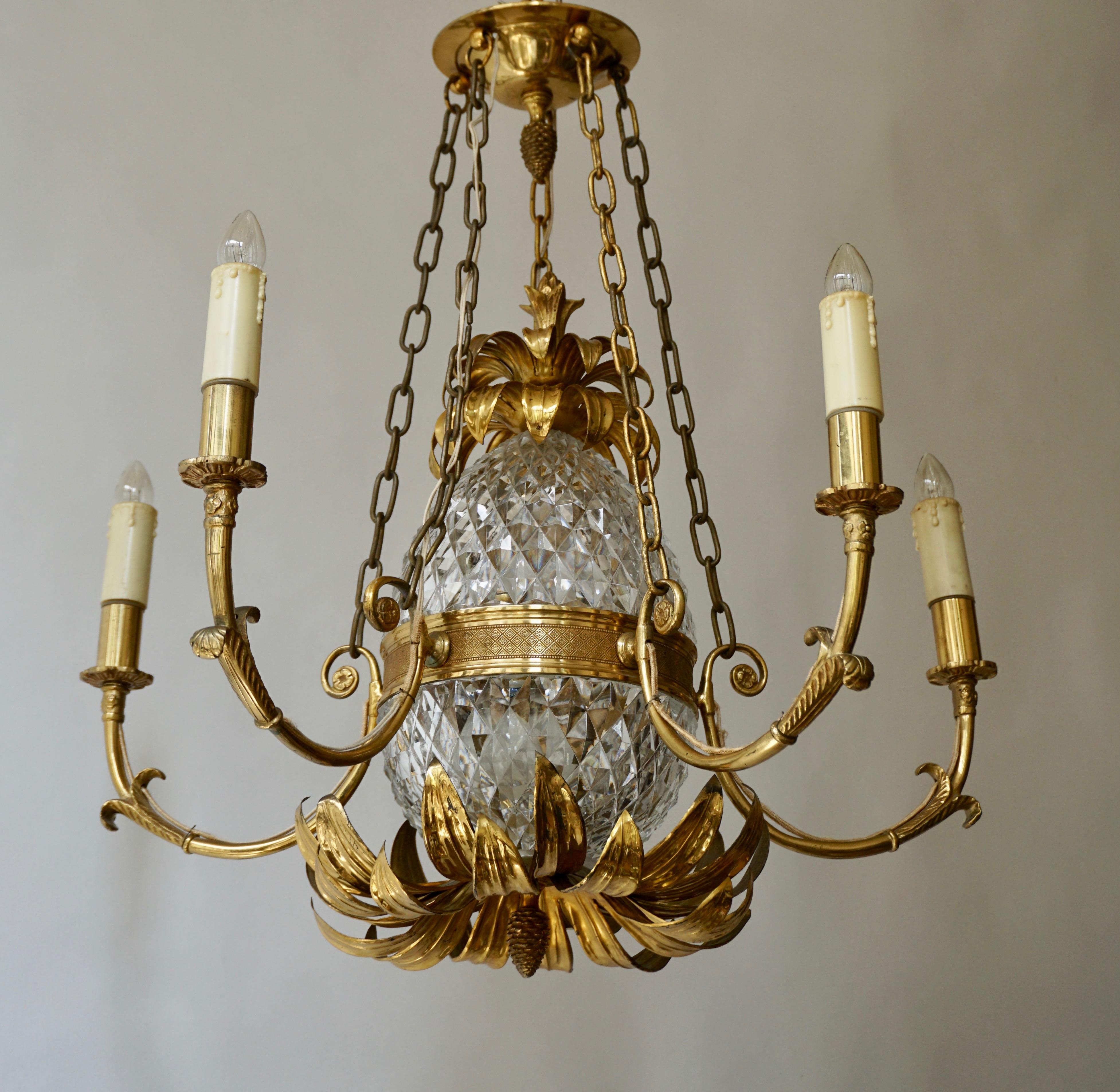 Gilt Brass and Cut Crystal Pineapple Chandelier with 5-Arm Light For Sale