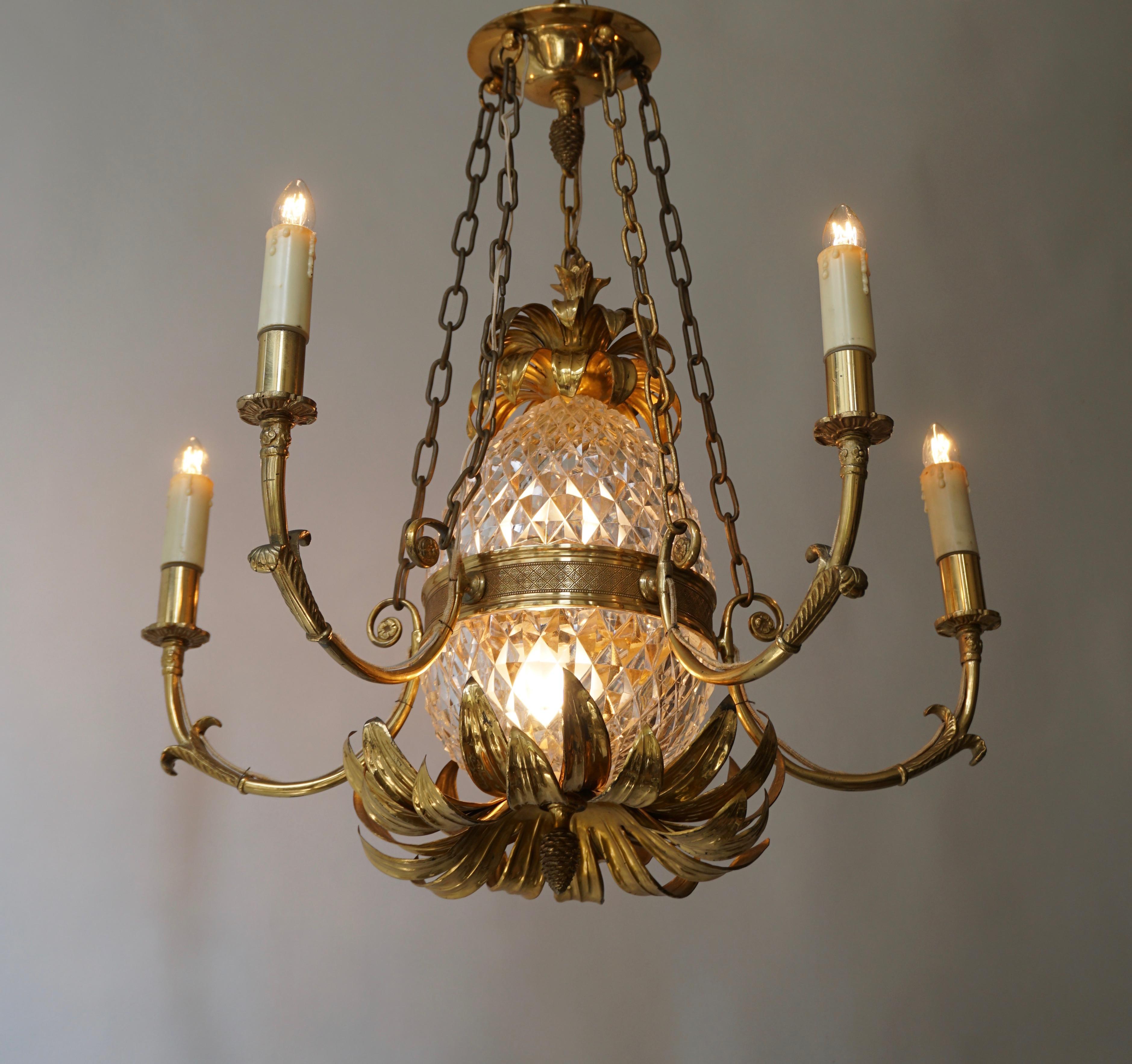 20th Century Brass and Cut Crystal Pineapple Chandelier with 5-Arm Light For Sale