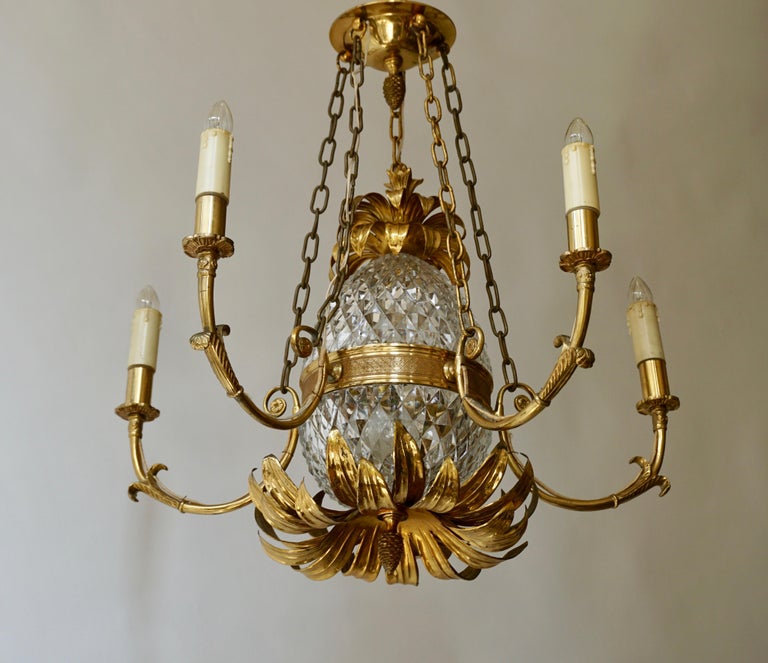 Brass and Cut Crystal Pineapple Chandelier with 5-Arm Light For