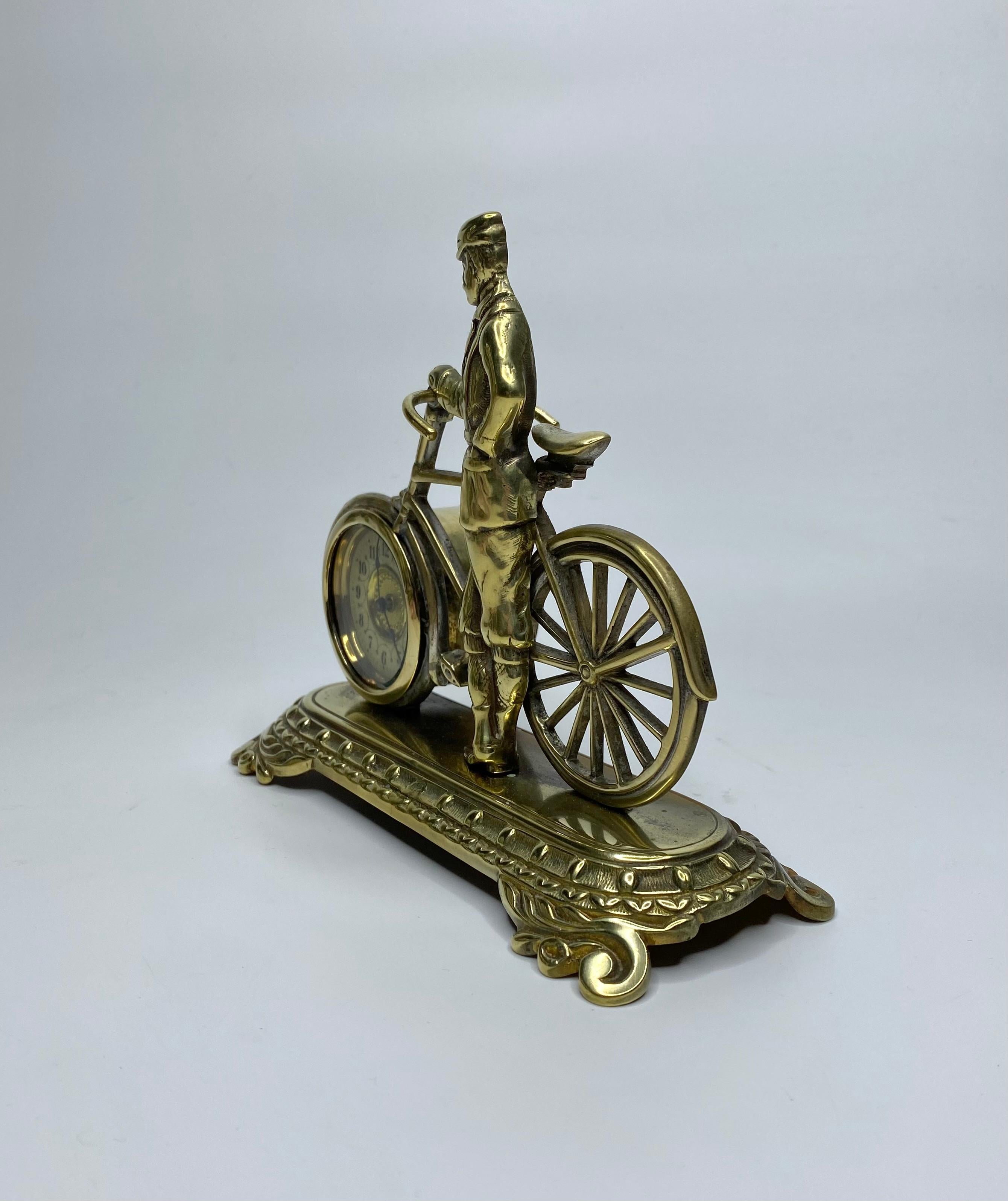 English Brass cyclist and bicycle clock, England, c. 1910.