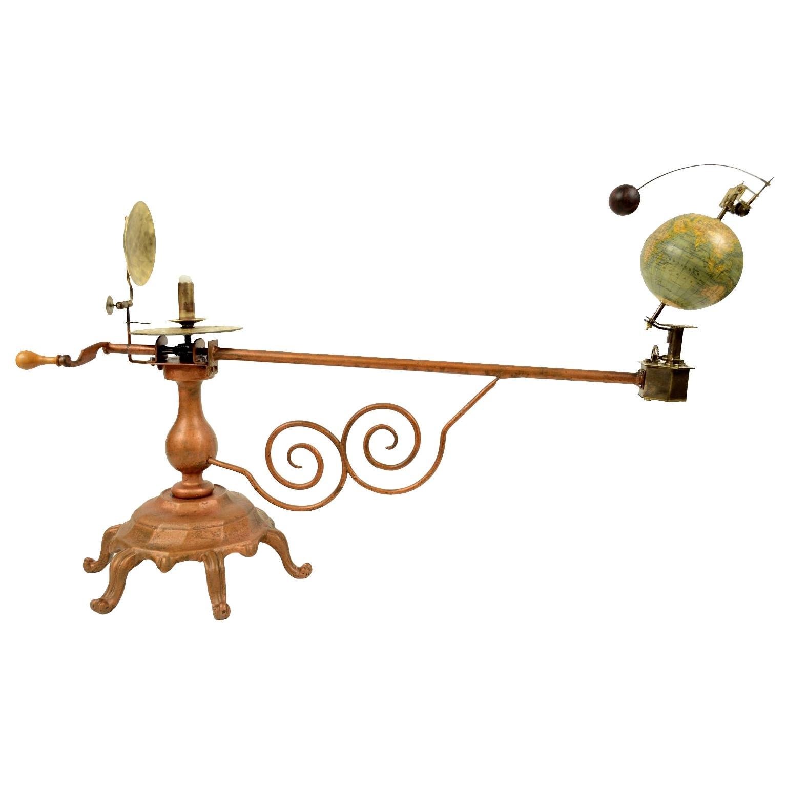 Antique brass orrery planetarium made for the German market by Jan Felkl Prag in the second half of the nineteenth century. Cast iron base, papier mâché´ globe, with detailed territorial map and oceanic currents. Very good condition. Measures: