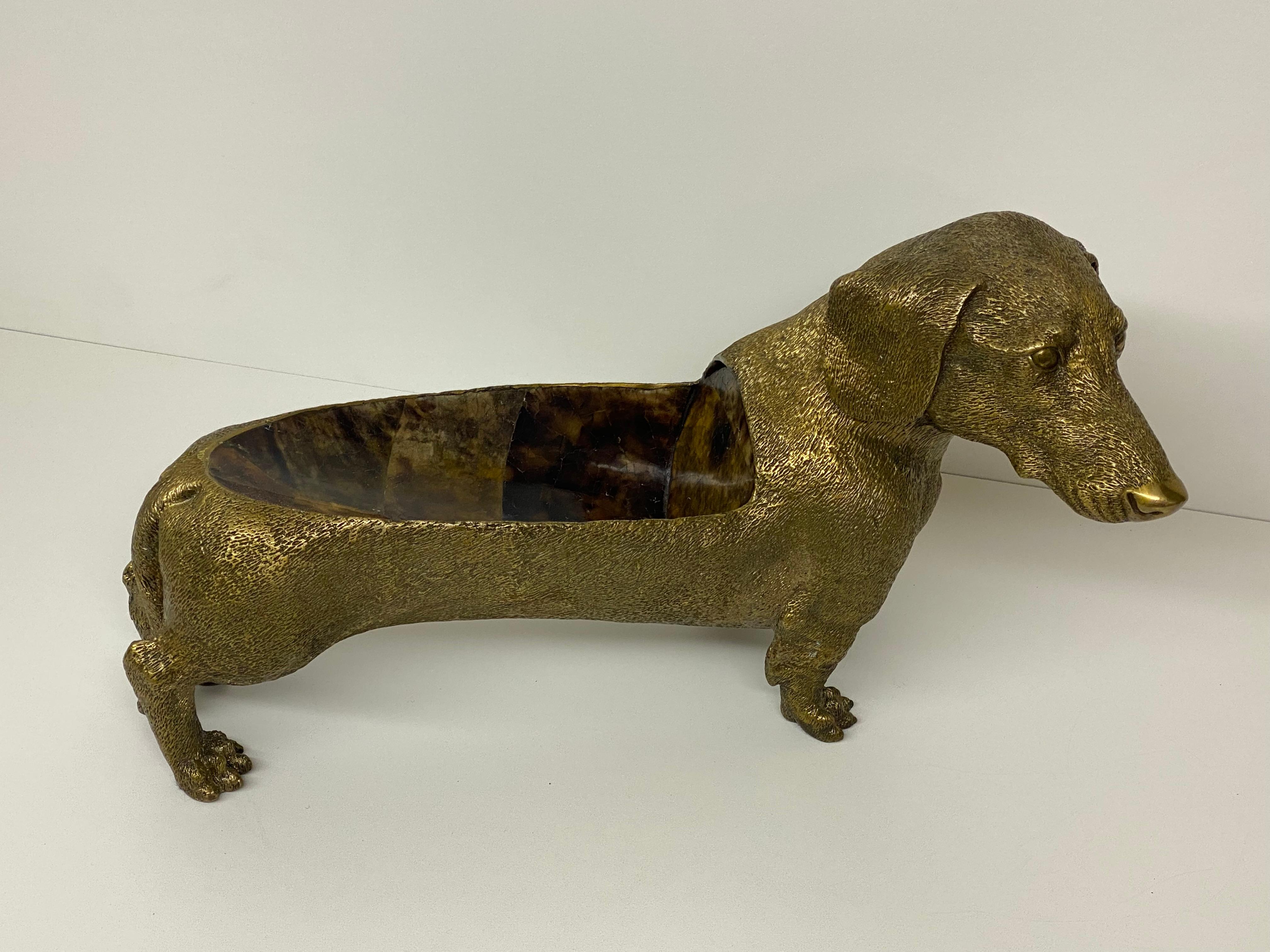 Adorable brass and coconut shell Dachshund sculpture wine bottle holder / catch-all