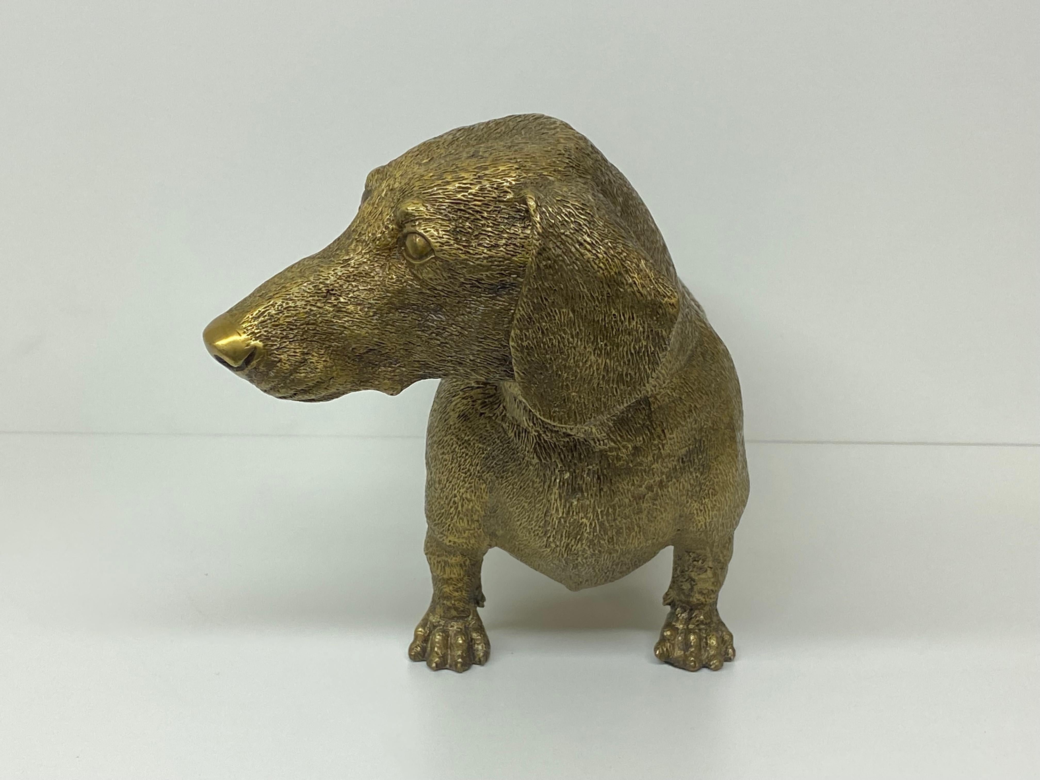 Hollywood Regency Brass Dachshund Sculpture Wine Bottle Holder