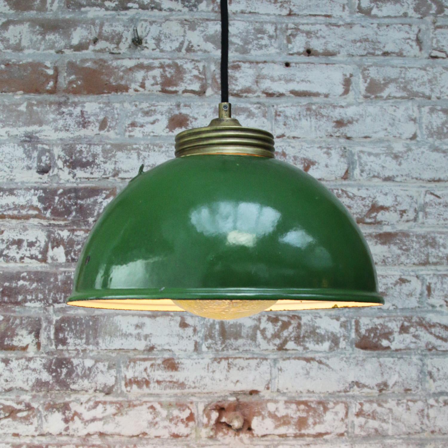 20th Century Brass Dark Green Enamel Vintage Frosted Glass Pendant Light1
