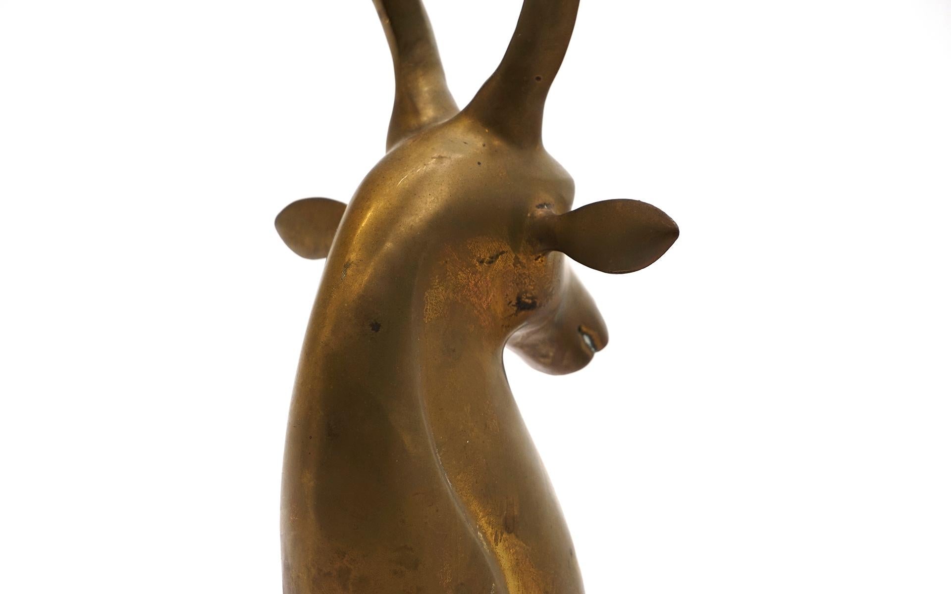 Mid-Century Modern Brass Deer with Horns / Antlers Table Top Sculpture, Stylized, Natural Patina