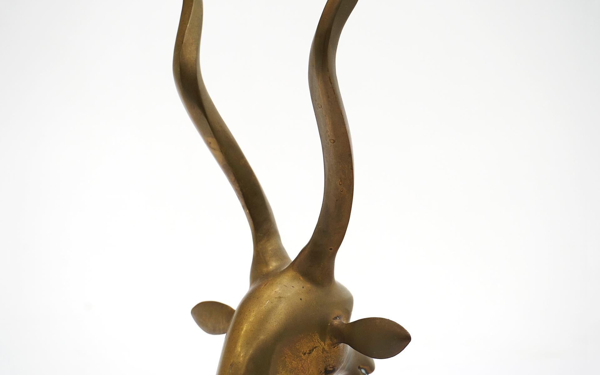 Brass Deer with Horns / Antlers Table Top Sculpture, Stylized, Natural Patina In Good Condition In Kansas City, MO