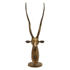 Brass Deer with Horns / Antlers Table Top Sculpture, Stylized, Natural Patina