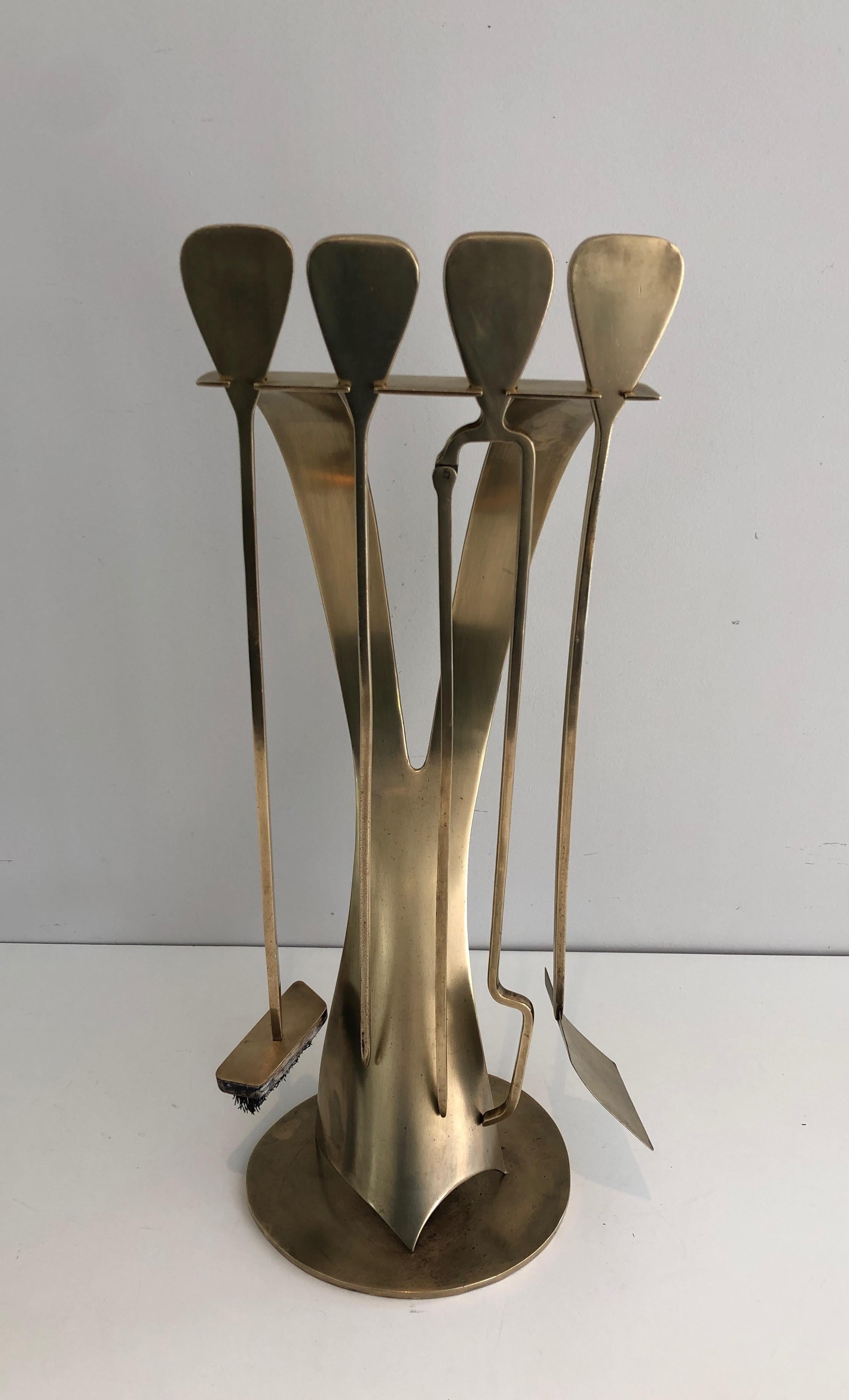 Mid-Century Modern Brass Design Fireplace Tools. French, Circa 1970 For Sale