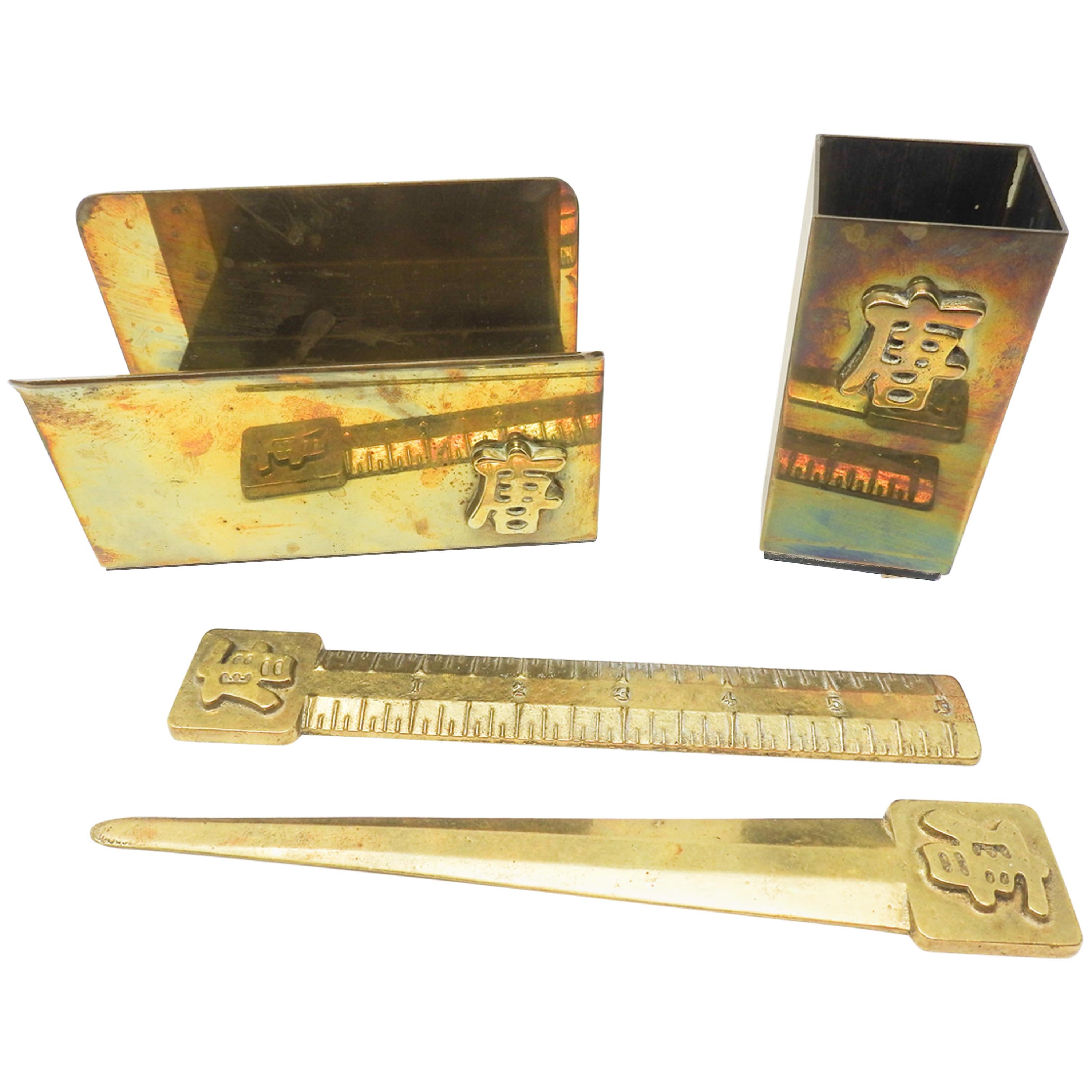Brass Desk Accessories with Chinese Symbol For Sale