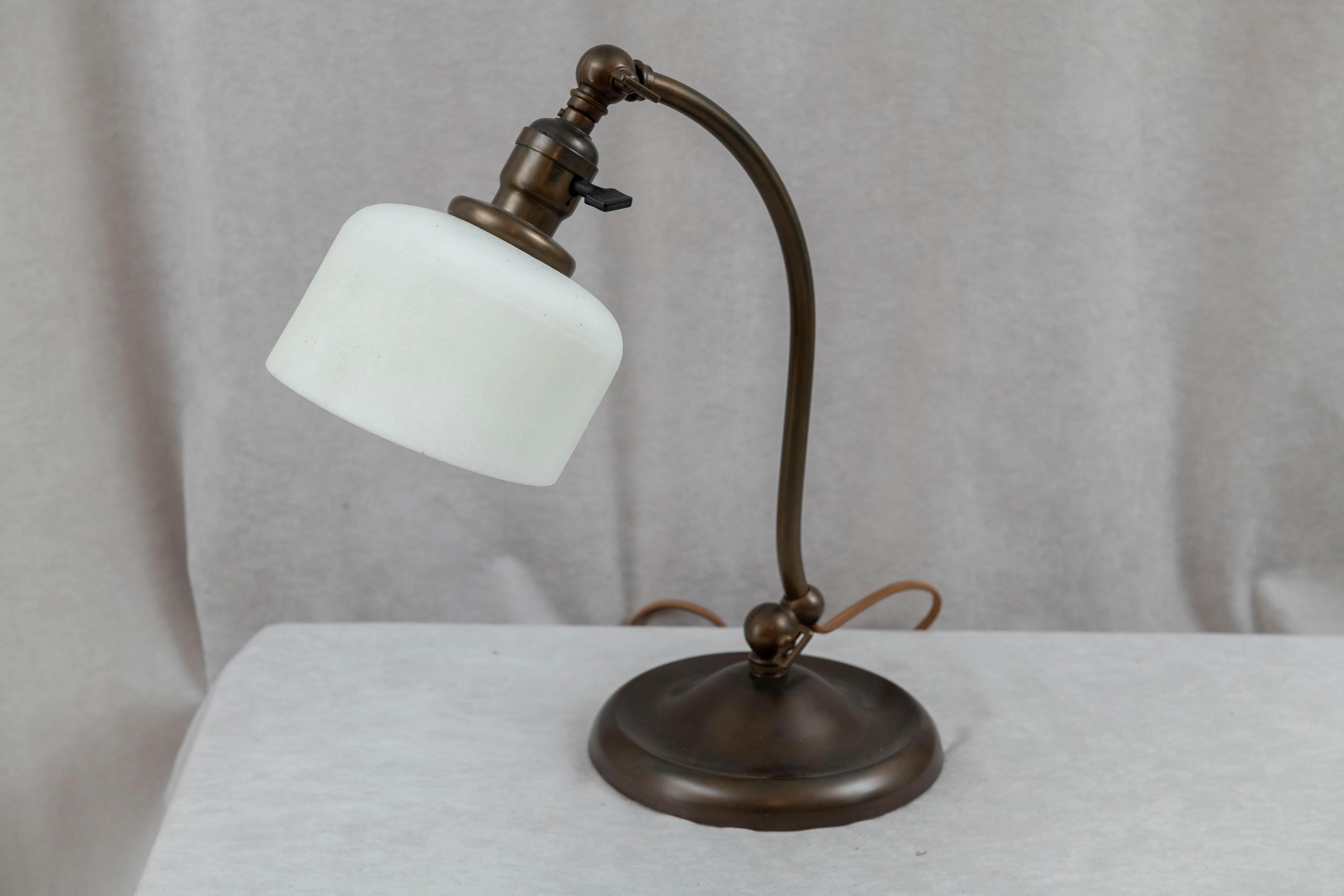 Arts and Crafts Brass Desk/Banker's Lamp w/ Double Adjustment and Art Glass Shade, ca. 1910 For Sale