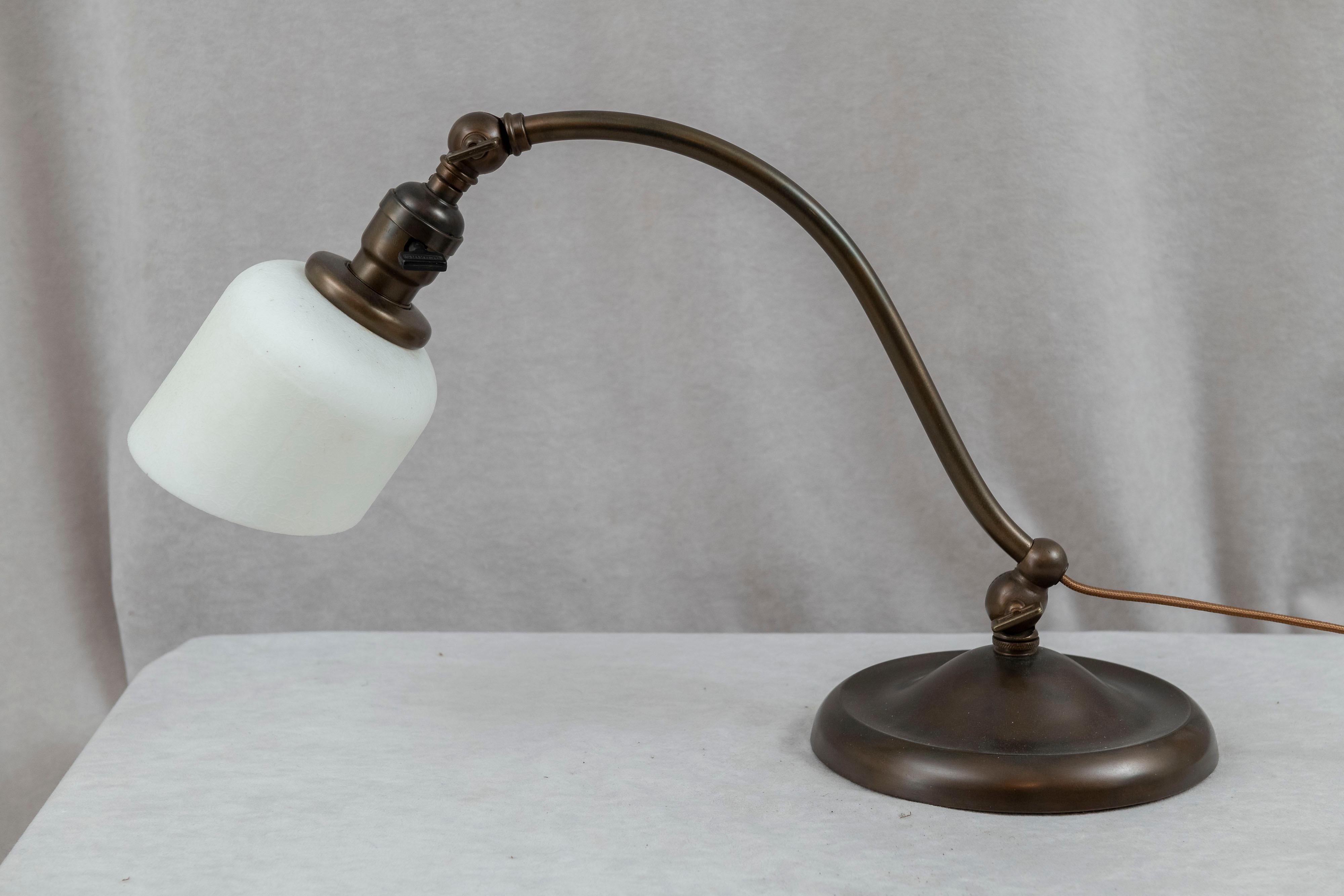 Patinated Brass Desk/Banker's Lamp w/ Double Adjustment and Art Glass Shade, ca. 1910 For Sale