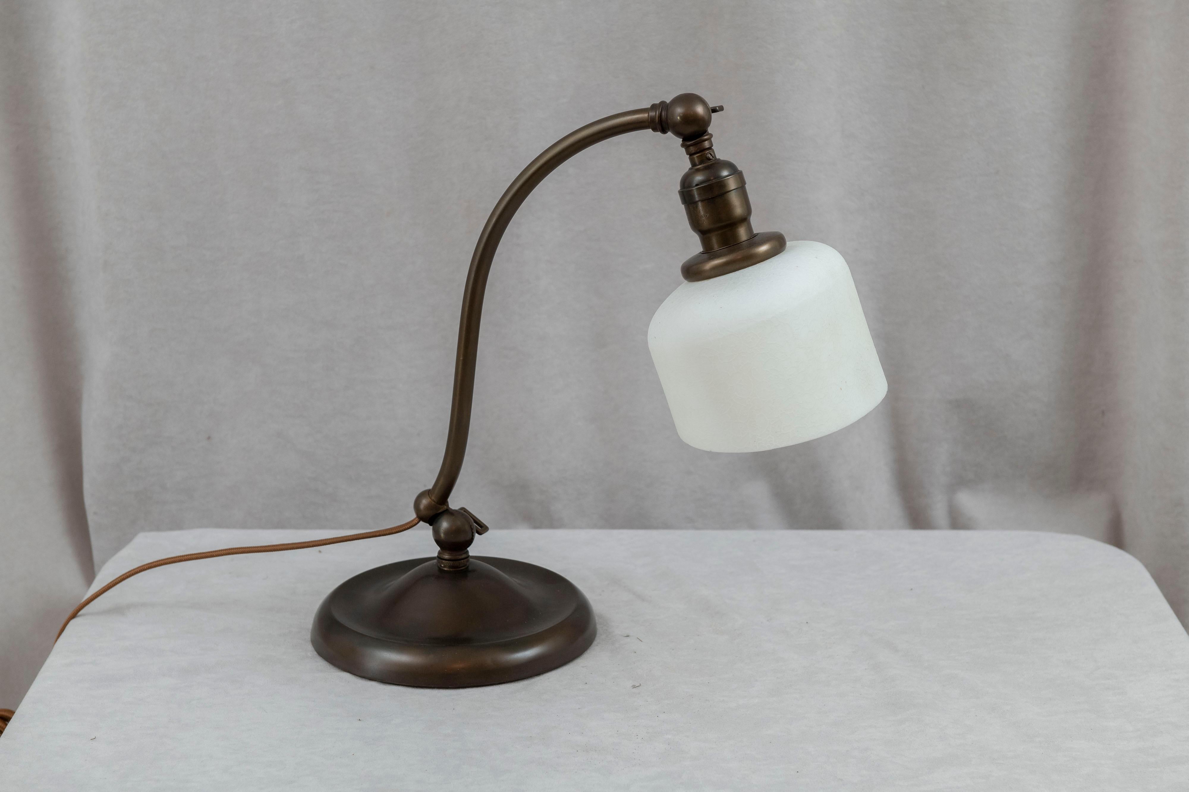 Brass Desk/Banker's Lamp w/ Double Adjustment and Art Glass Shade, ca. 1910 In Excellent Condition For Sale In Petaluma, CA