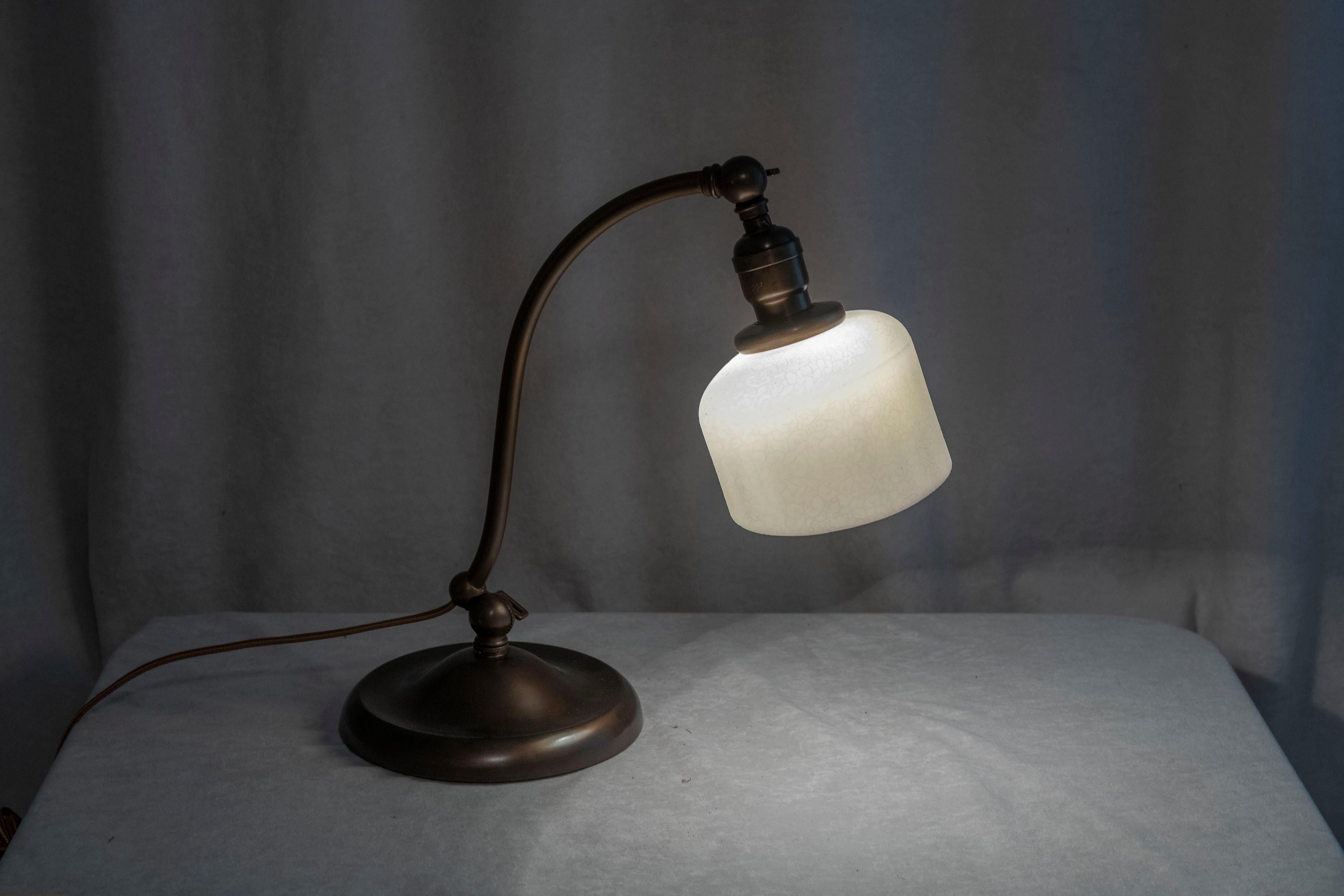 Brass Desk/Banker's Lamp w/ Double Adjustment and Art Glass Shade, ca. 1910 For Sale 2