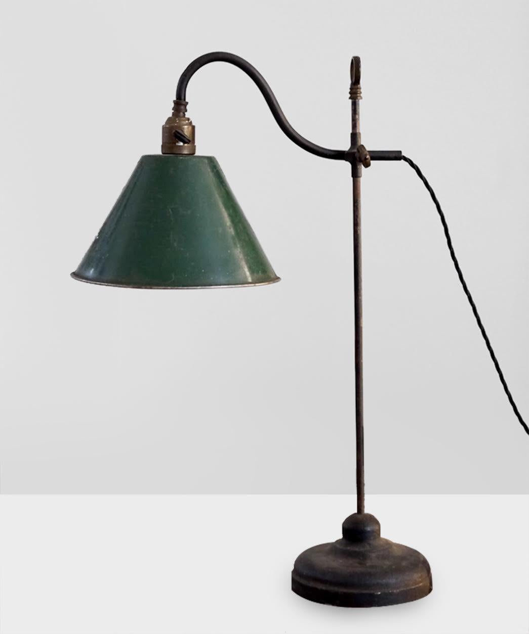 Green enamel shade in original finish on beautiful patinated brass stand.