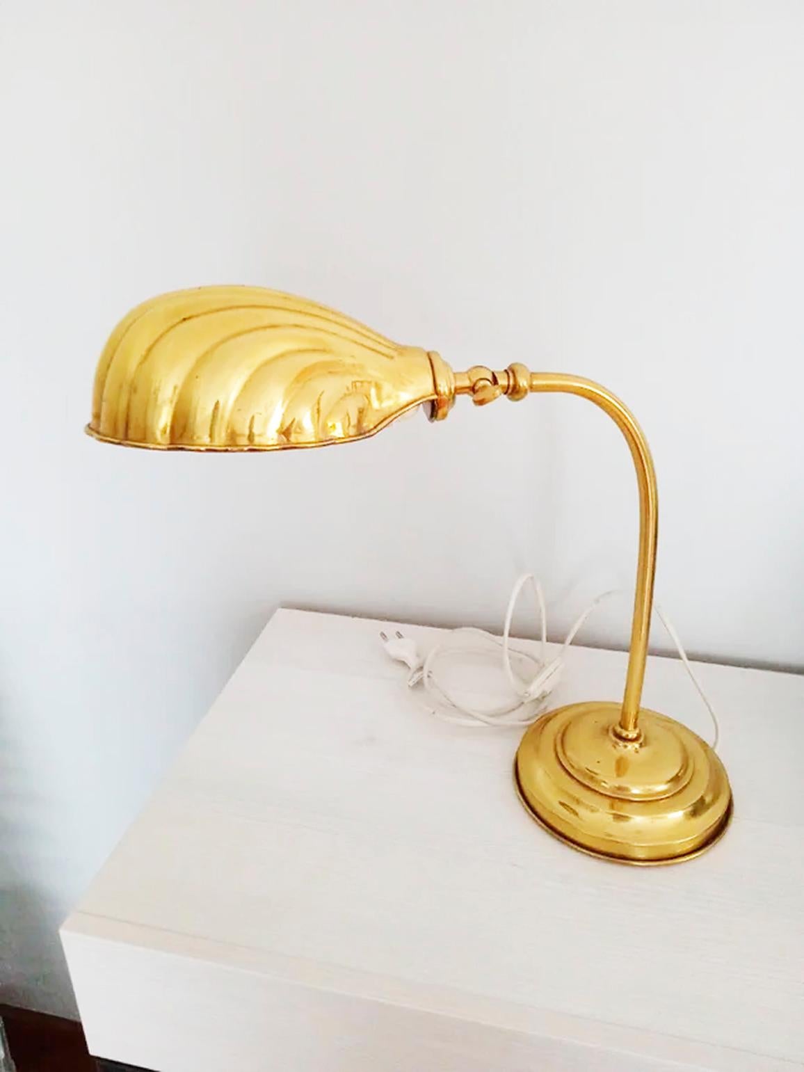 French   Desk or Table Lamp Shell Brass Gooseneck, Gold  Art Deco Style For Sale