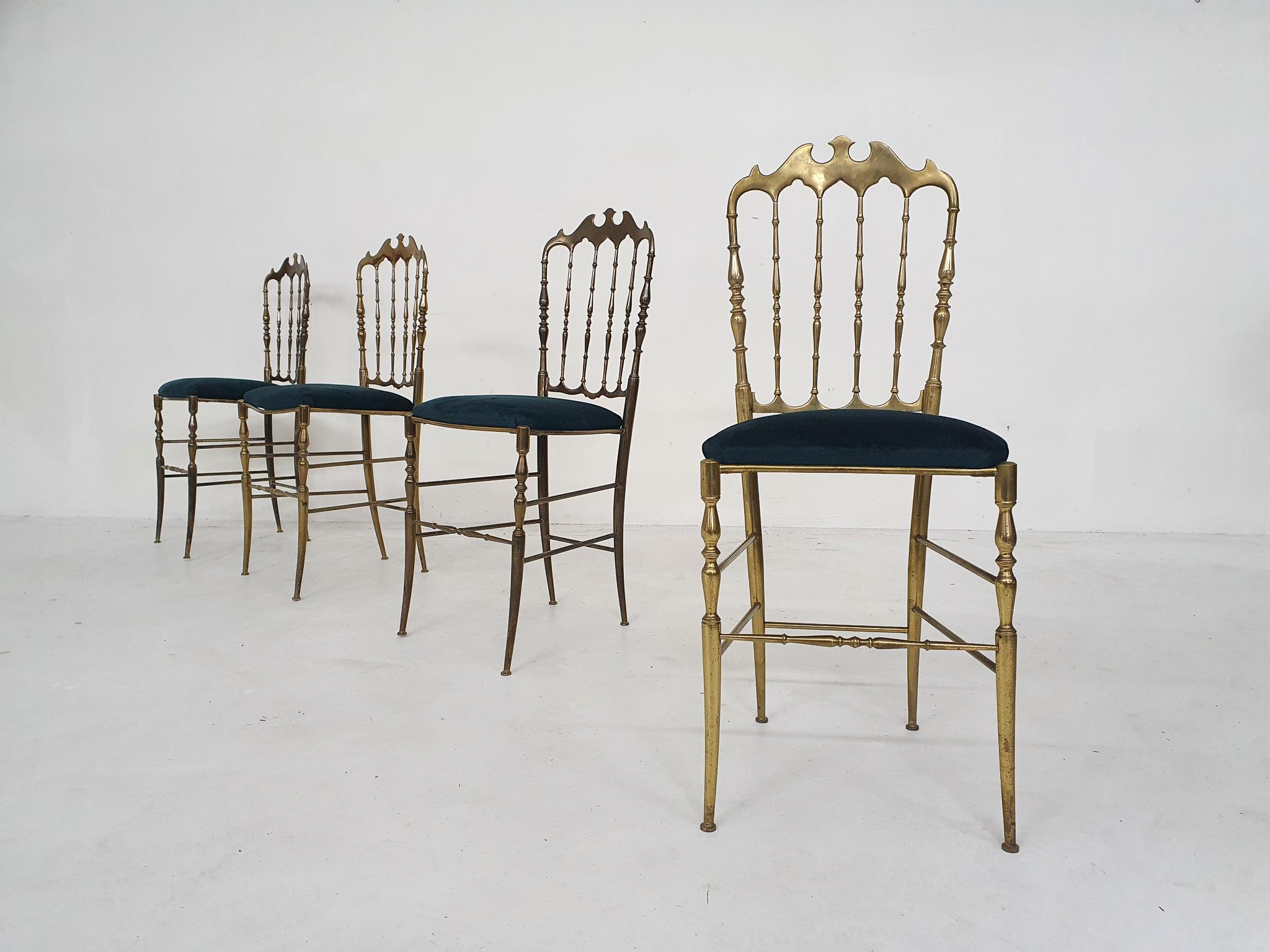 Brass dining chair by Giuseppe Gaetano Descalzi for Chiavari, Italy 1950's
Brass frame and new petrol green velvet upholstery.
One frame of the chair is a bit lighter than the other three.
They are marked with 