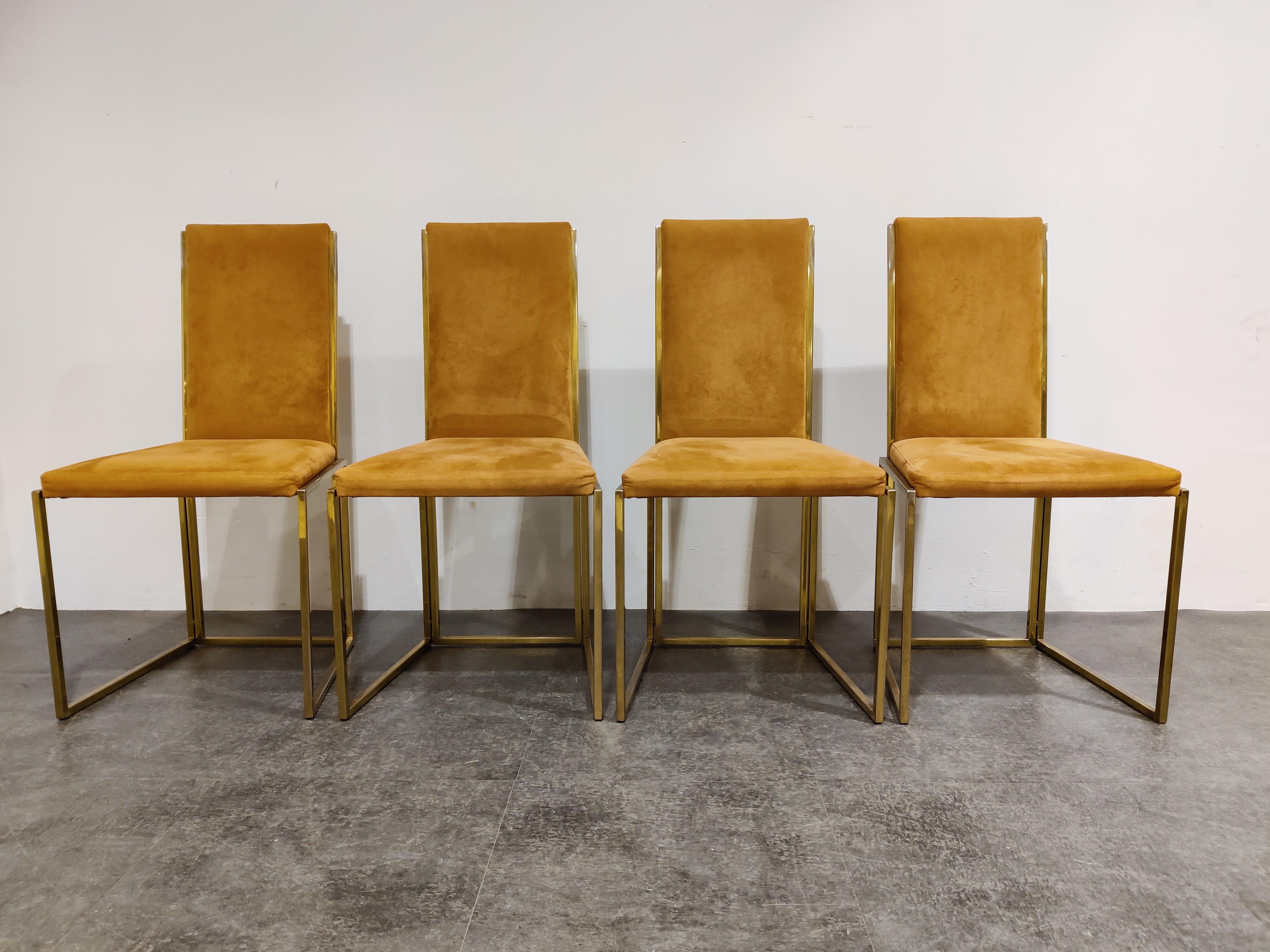Set of 4 brass dining chairs by Belgocrhom with a cognac suede upholstery.

These chairs bring up the seventies and eighties glam atmosphere back into your home and are of a very good quality. 

Belgochrom used to make top end quality