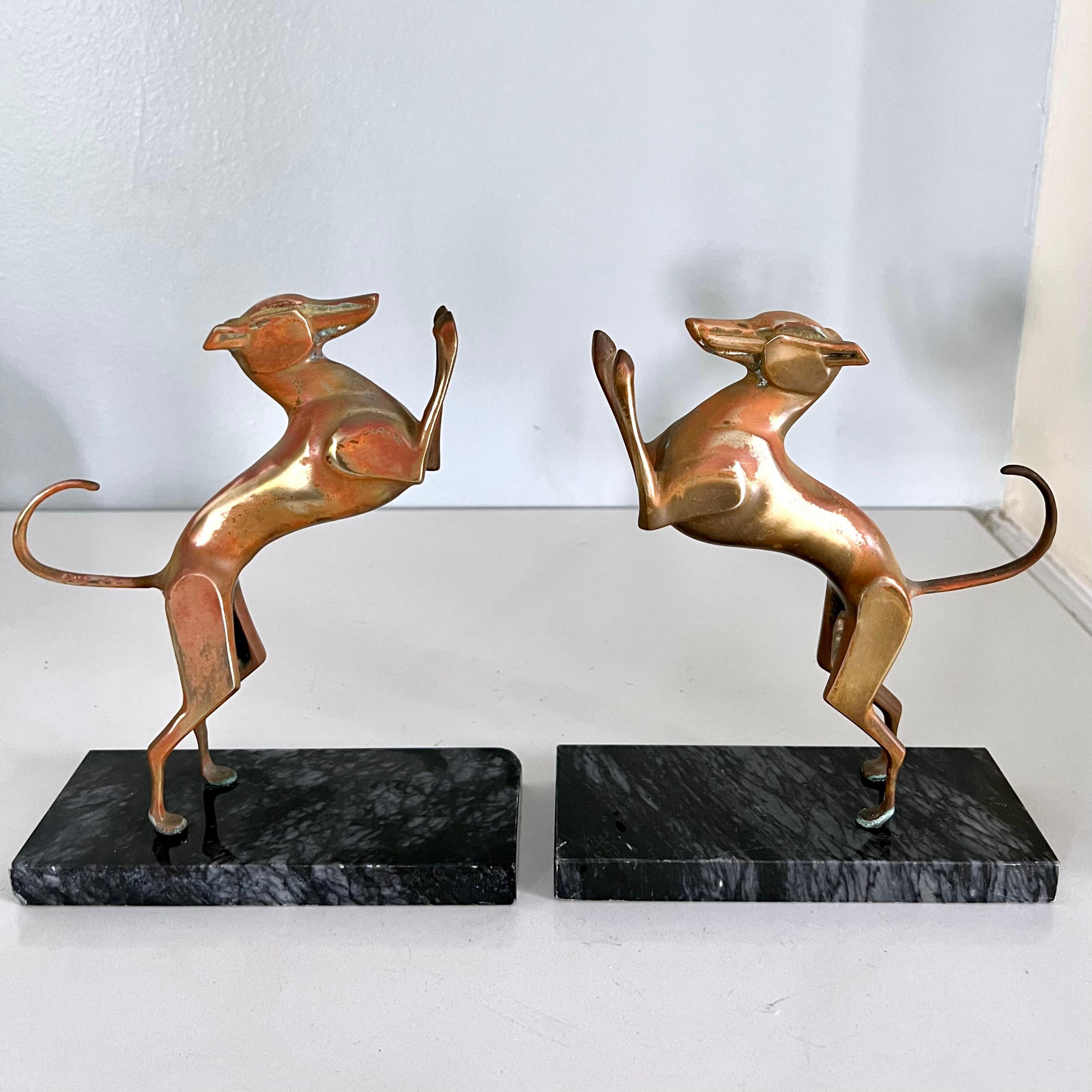 Mid-Century Modern Brass Doberman Bookends with Marble Base For Sale