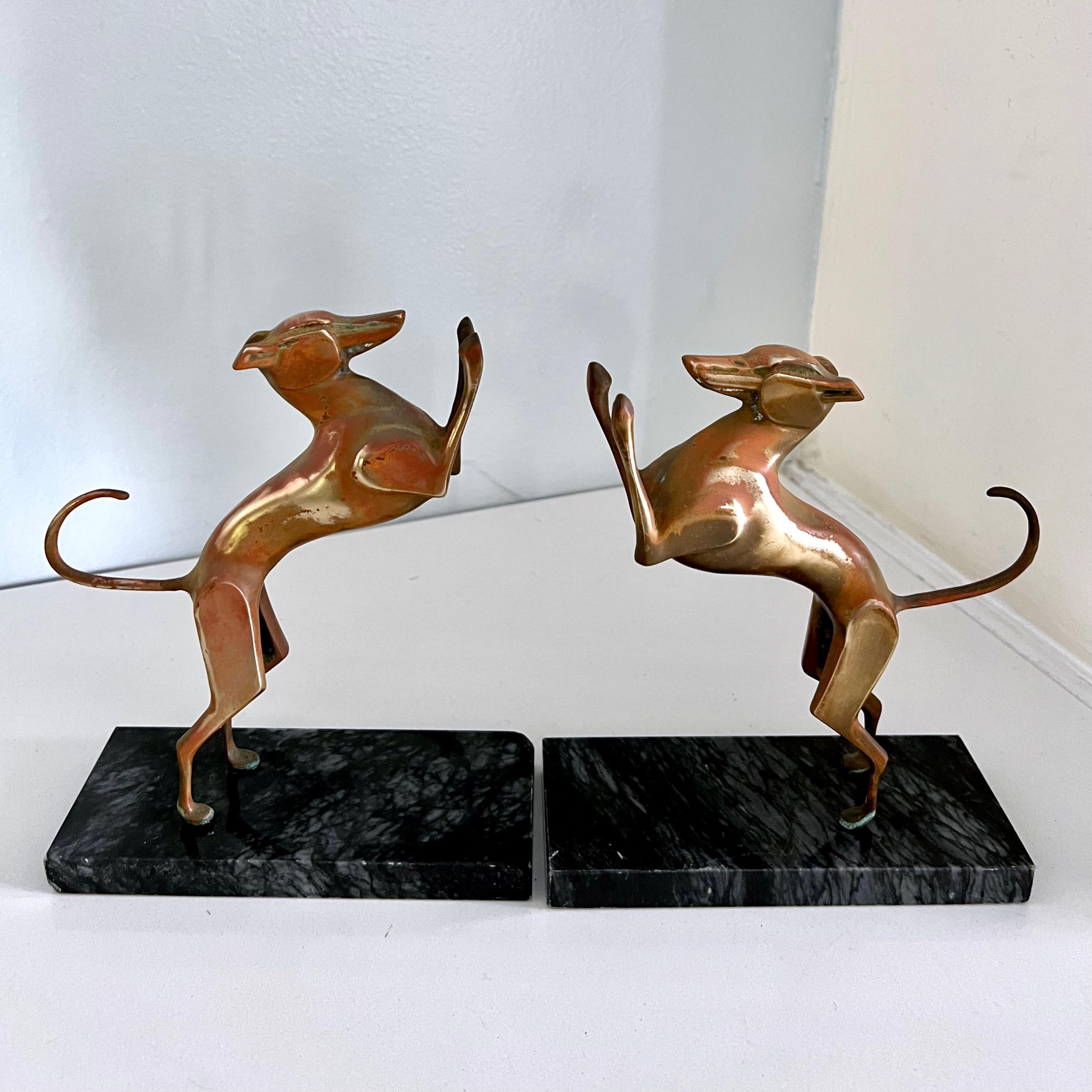Patinated Brass Doberman Bookends with Marble Base For Sale