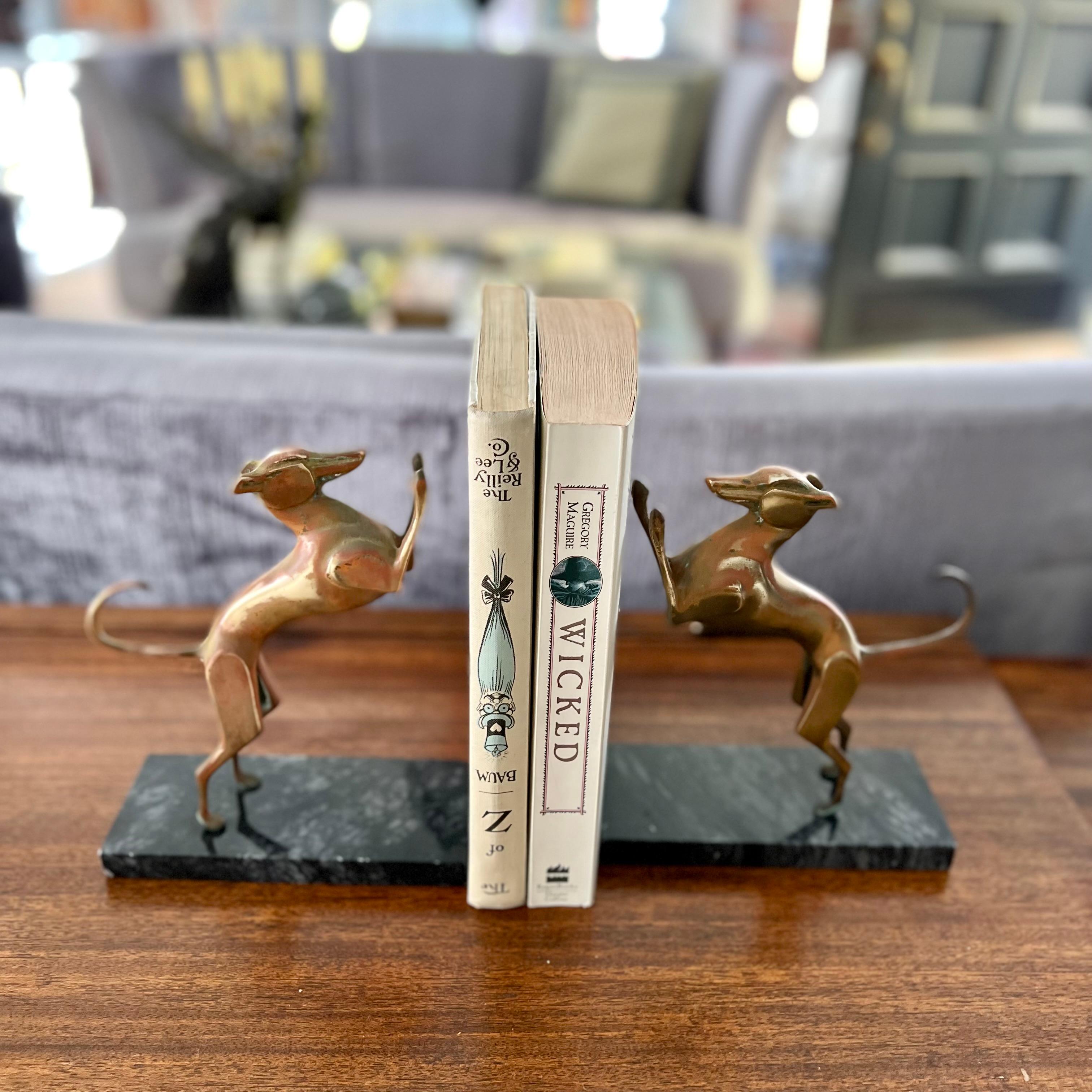 20th Century Brass Doberman Bookends with Marble Base For Sale