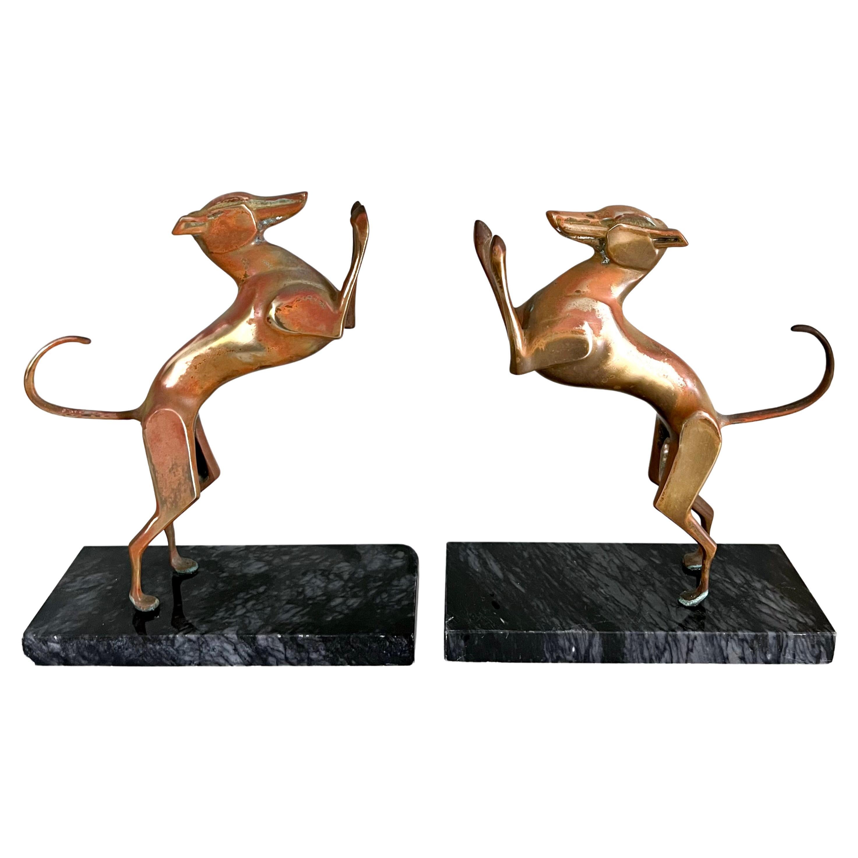 Brass Doberman Bookends with Marble Base