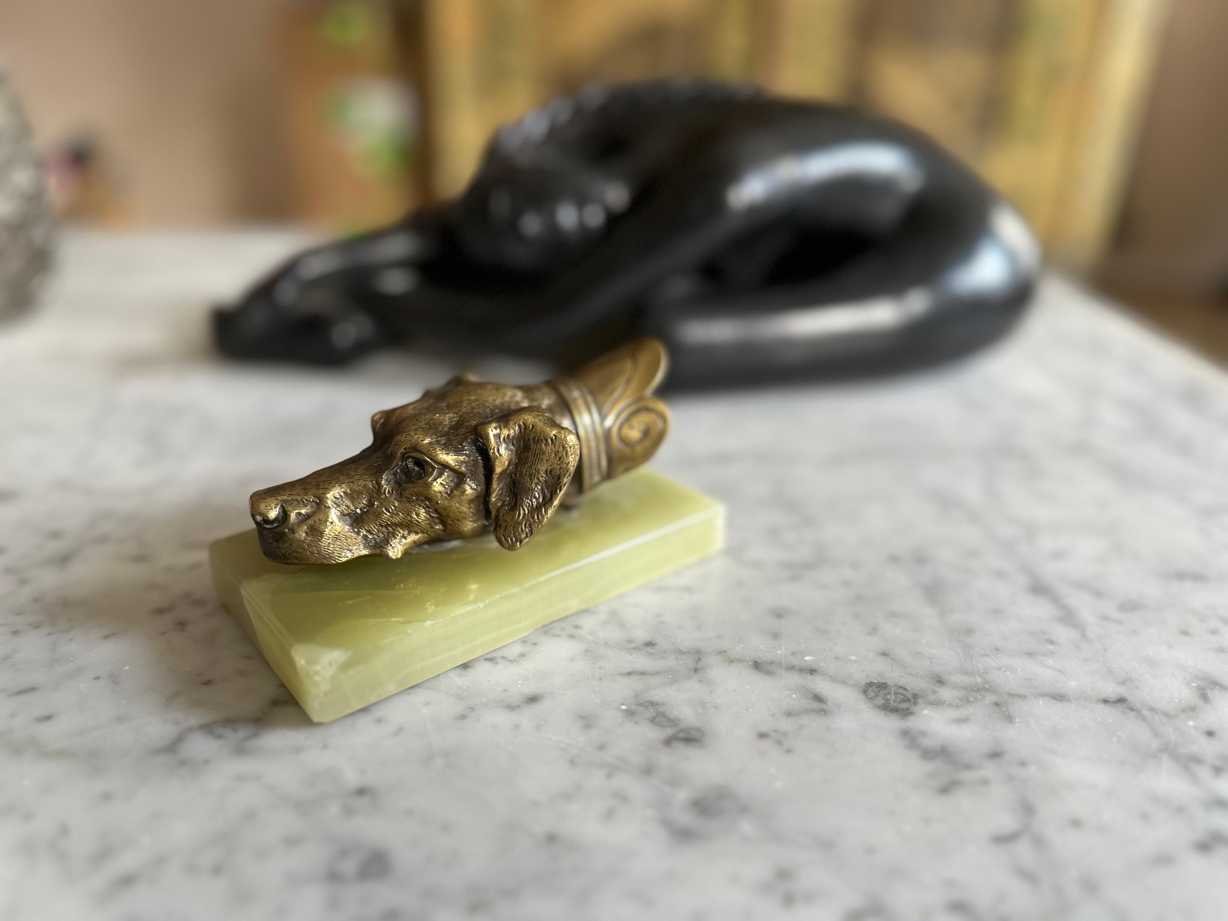 Brass Dog Head Letter Clip on Green Onyx Base, Germany, 1920s For Sale 8