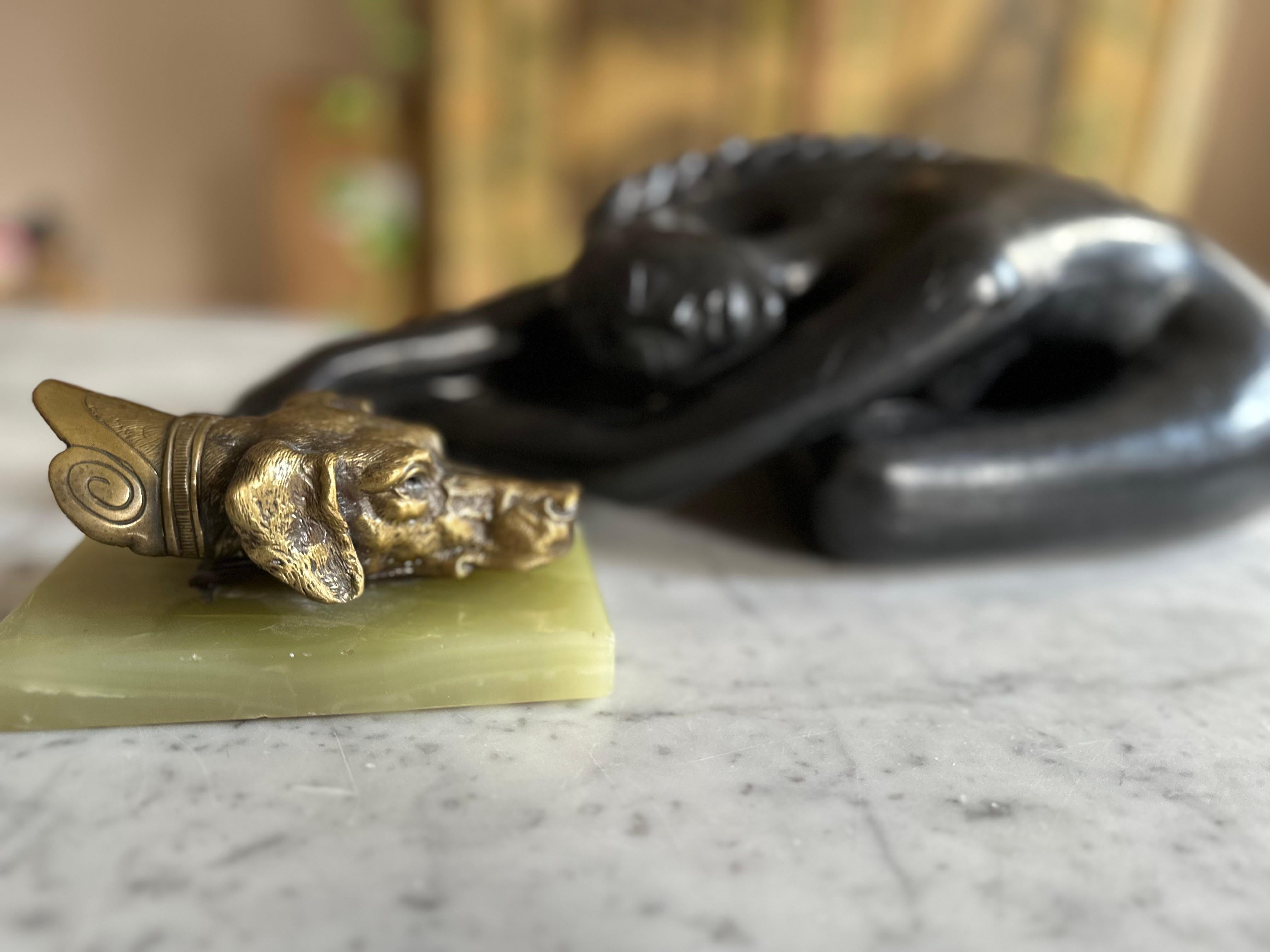 Brass Dog Head Letter Clip on Green Onyx Base, Germany, 1920s For Sale 9