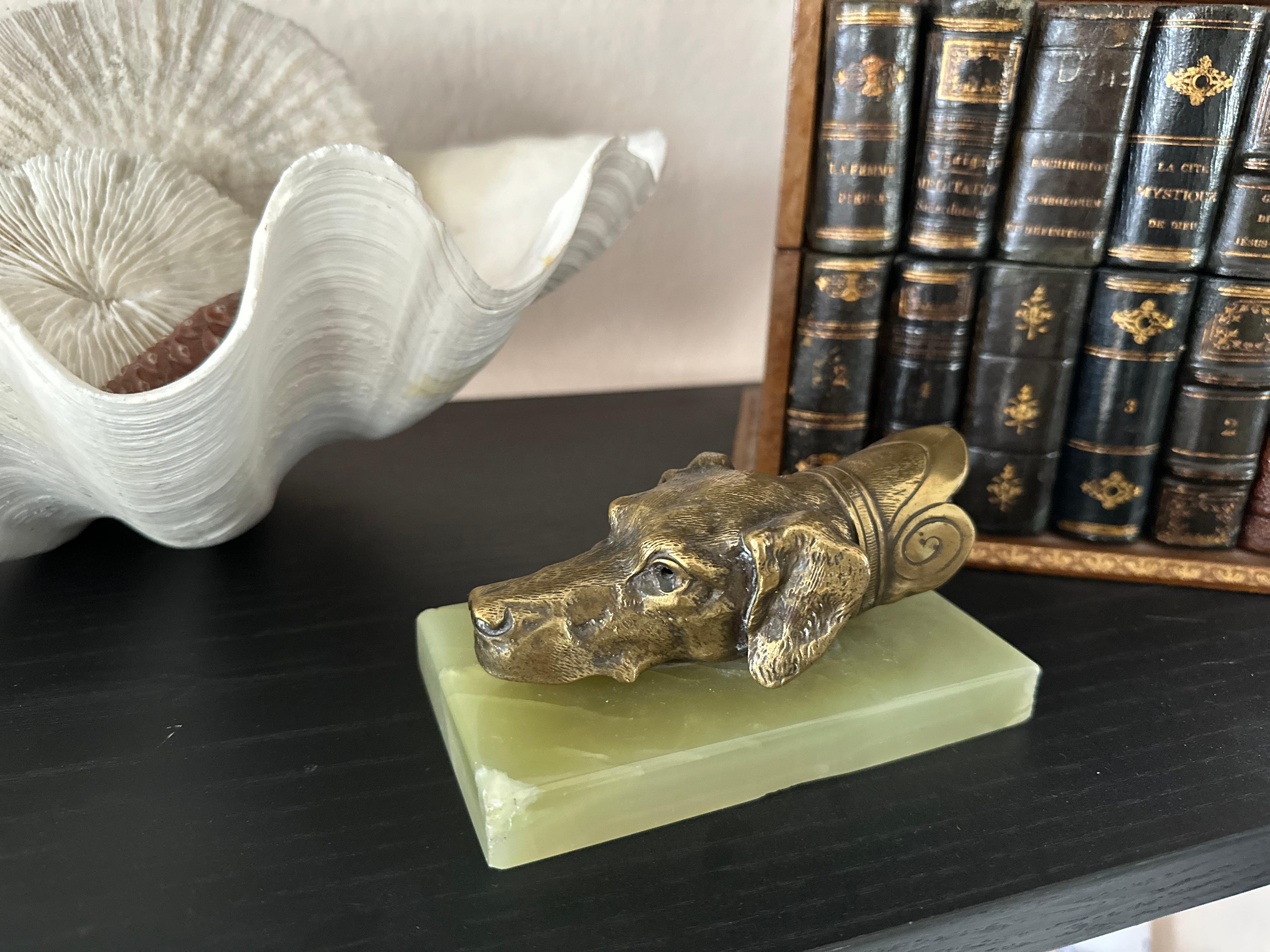 Art Deco Brass Dog Head Letter Clip on Green Onyx Base, Germany, 1920s For Sale
