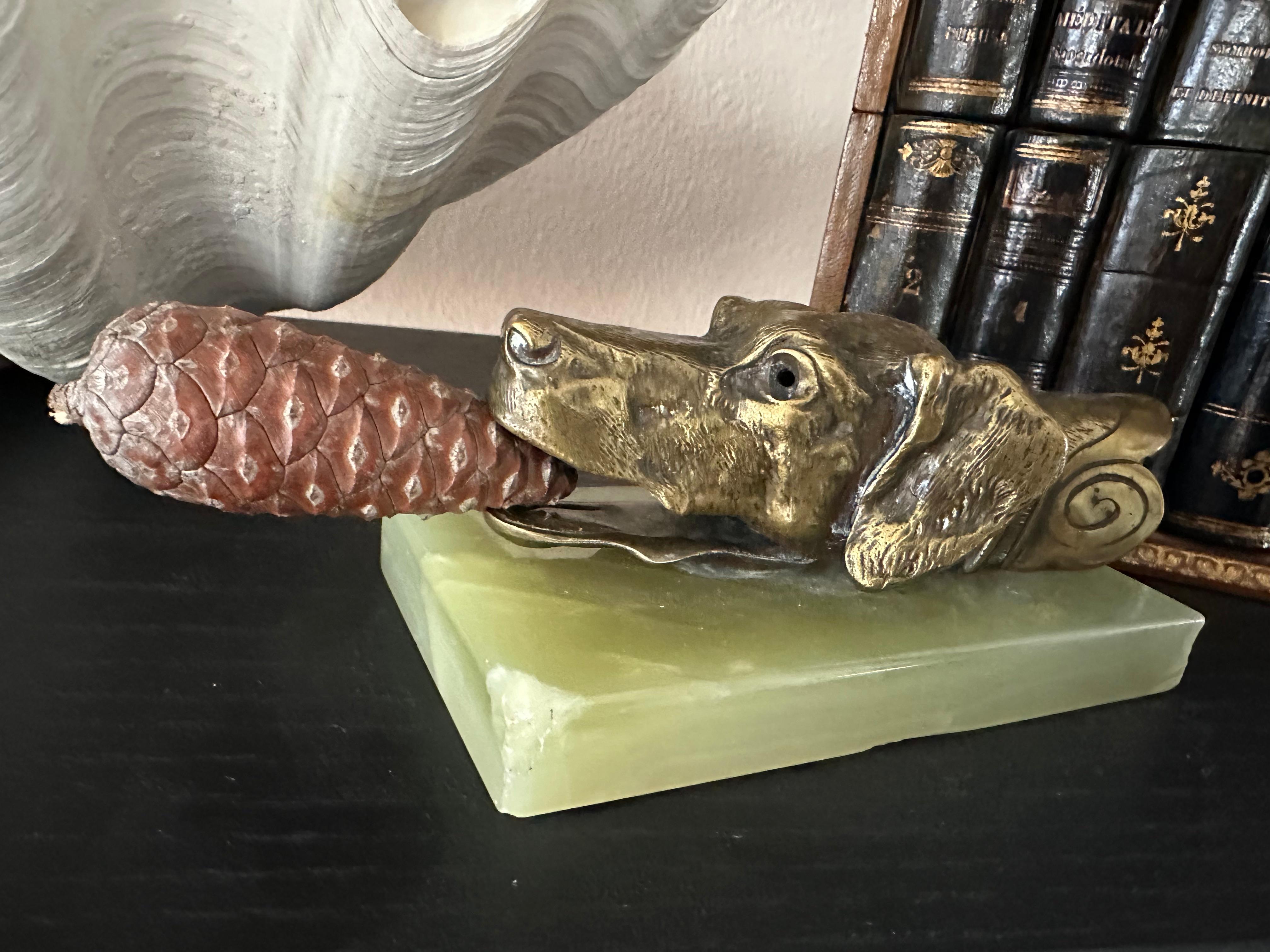 Brass Dog Head Letter Clip on Green Onyx Base, Germany, 1920s For Sale 2