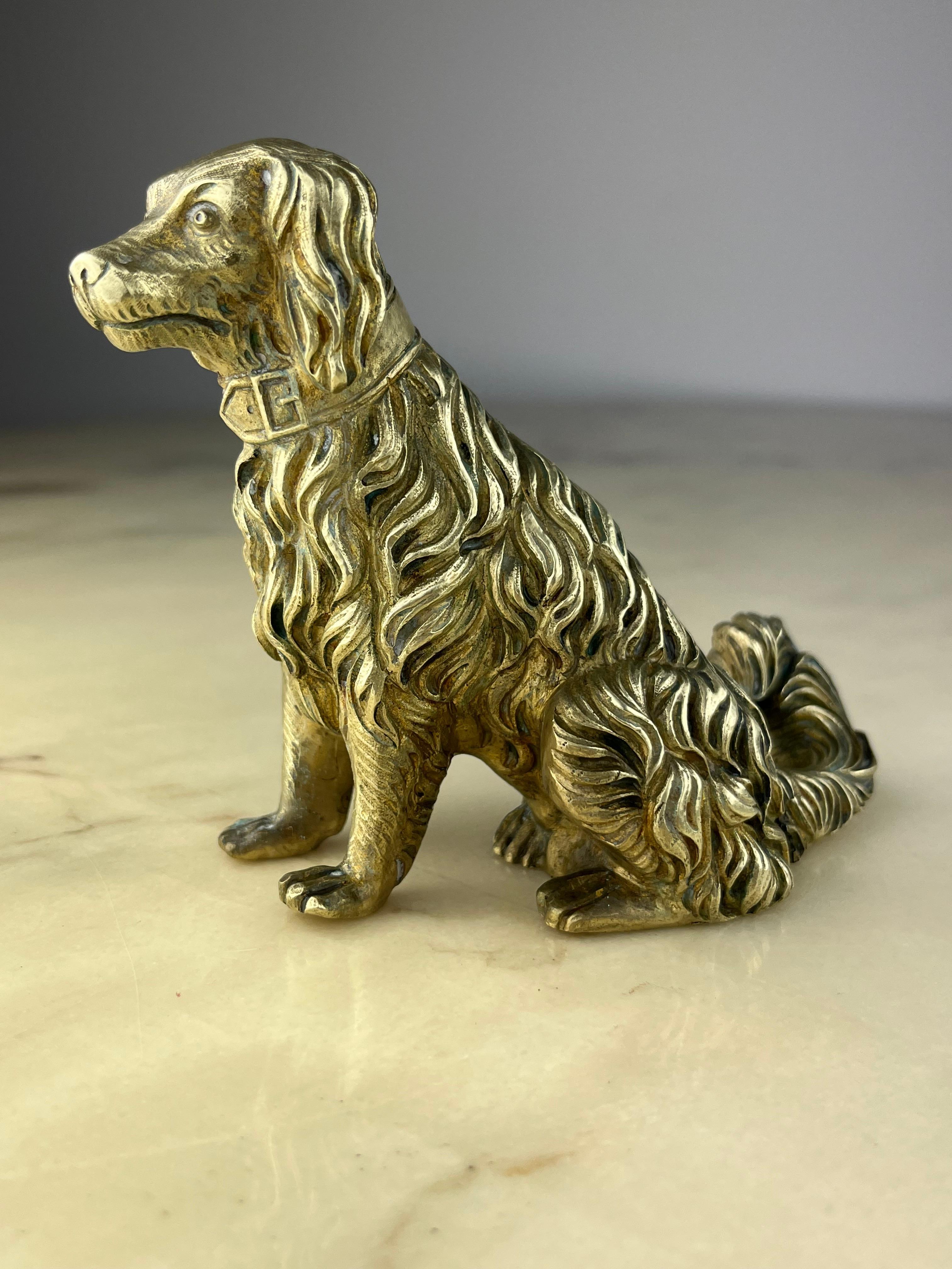 Brass dog, made in Italy, 1960s.
Great as a desk paperweight. Small signs of time and use. It has a small slit at the bottom.
Found in a noble apartment in the Sicilian hinterland.