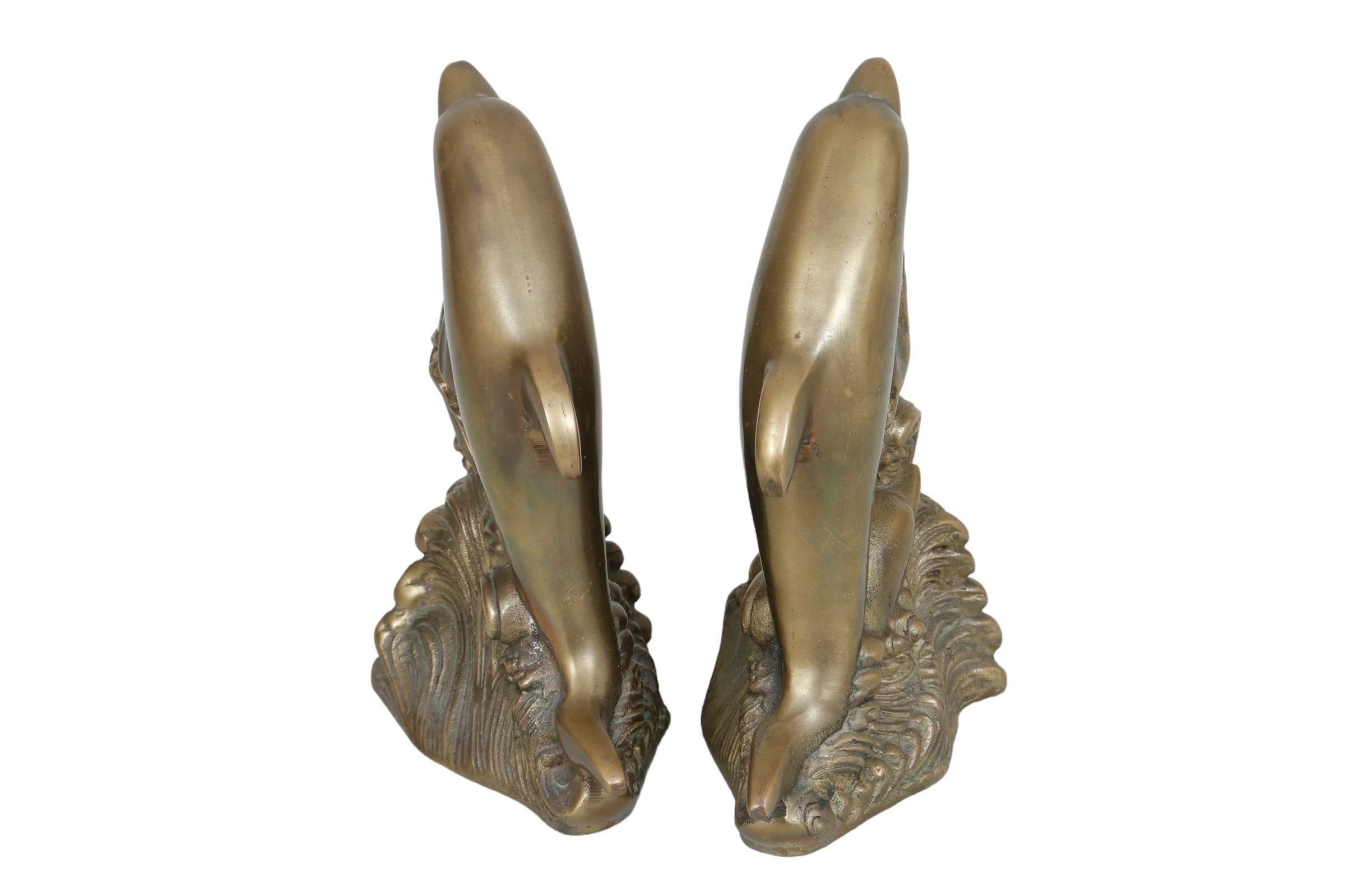 Brass Dolphin Bookends - a Pair In Good Condition For Sale In Bradenton, FL