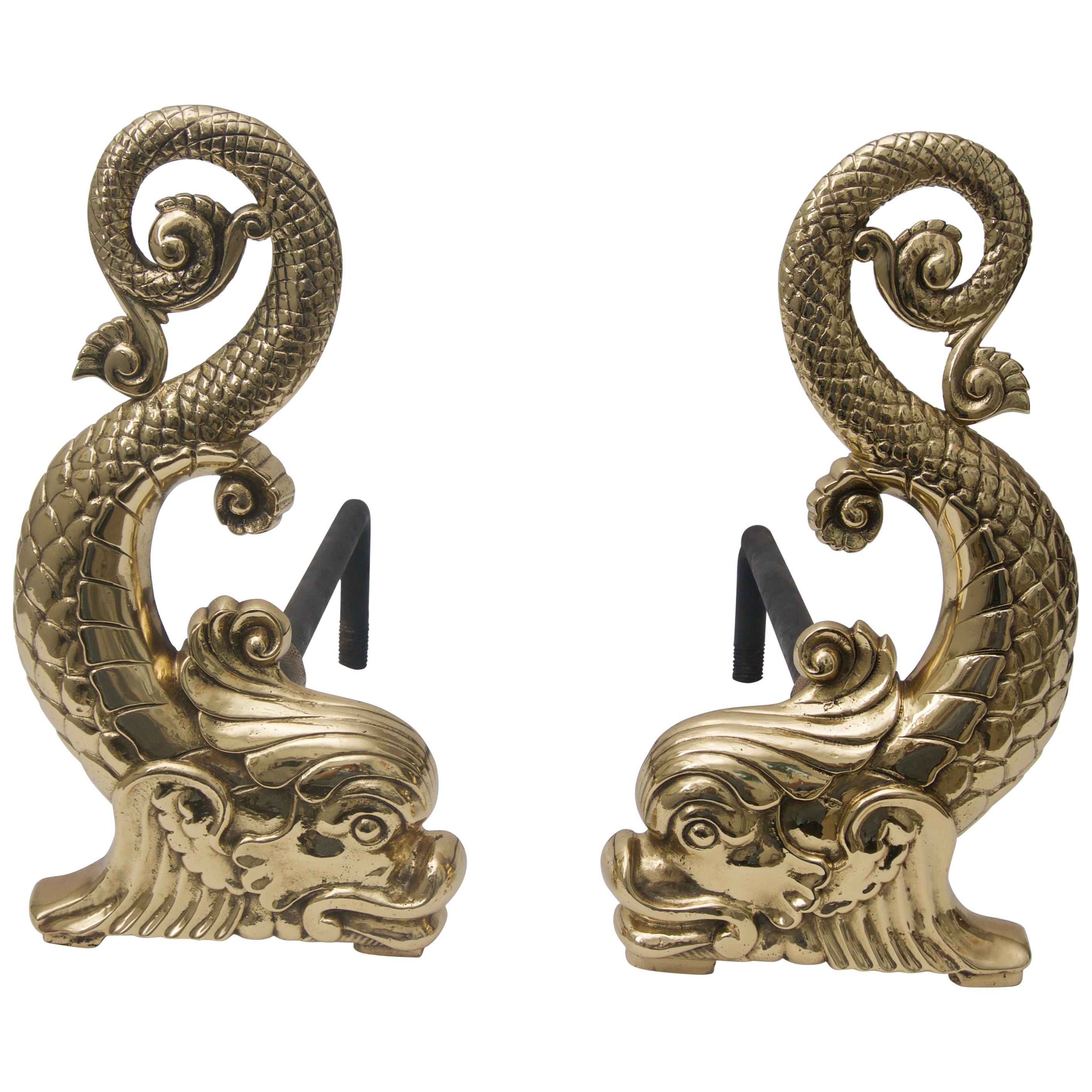 Brass Dolphin-Form Andirons