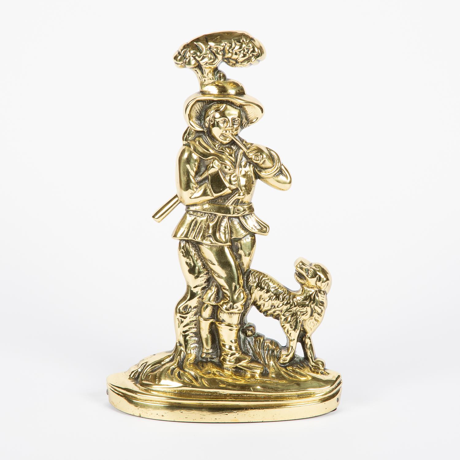 19th Century Brass Door Stop of Man with Dog For Sale