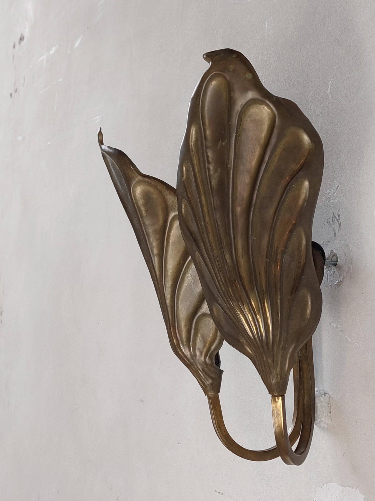 Italian Brass Double Leaves Wall Light by Tomasso Barbi For Sale