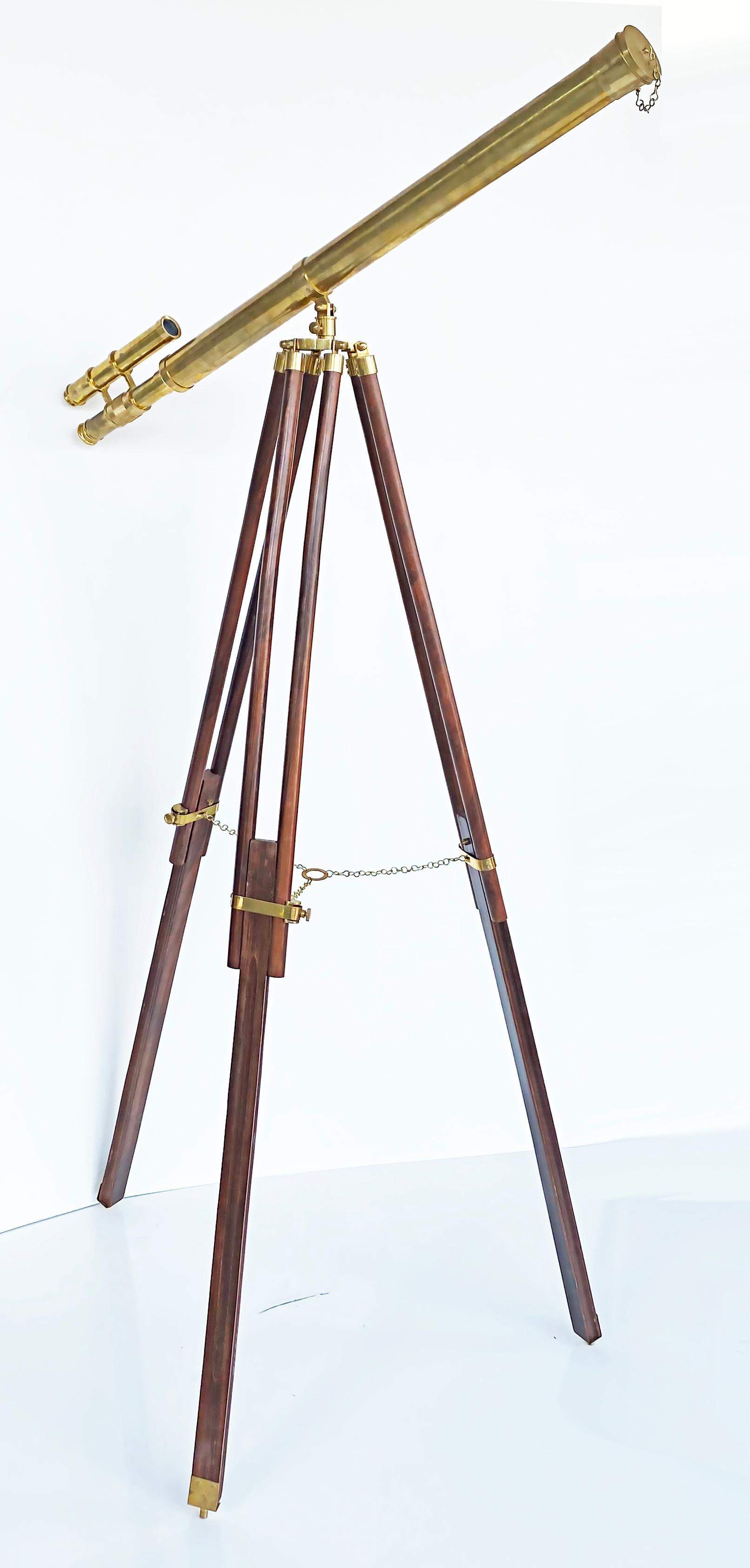 Brass Double Telescope Mounted on Adjustable Tripod Wooden, Brass Mounted Stand 7