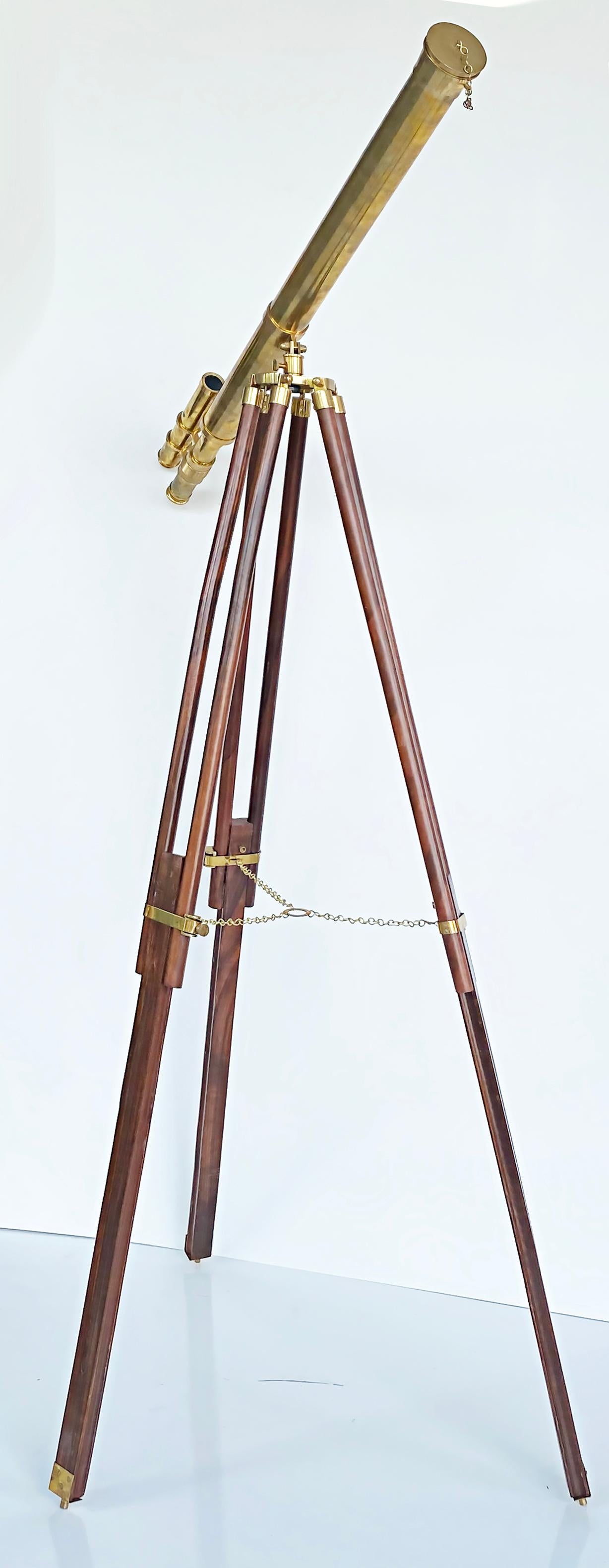 American Brass Double Telescope Mounted on Adjustable Tripod Wooden, Brass Mounted Stand