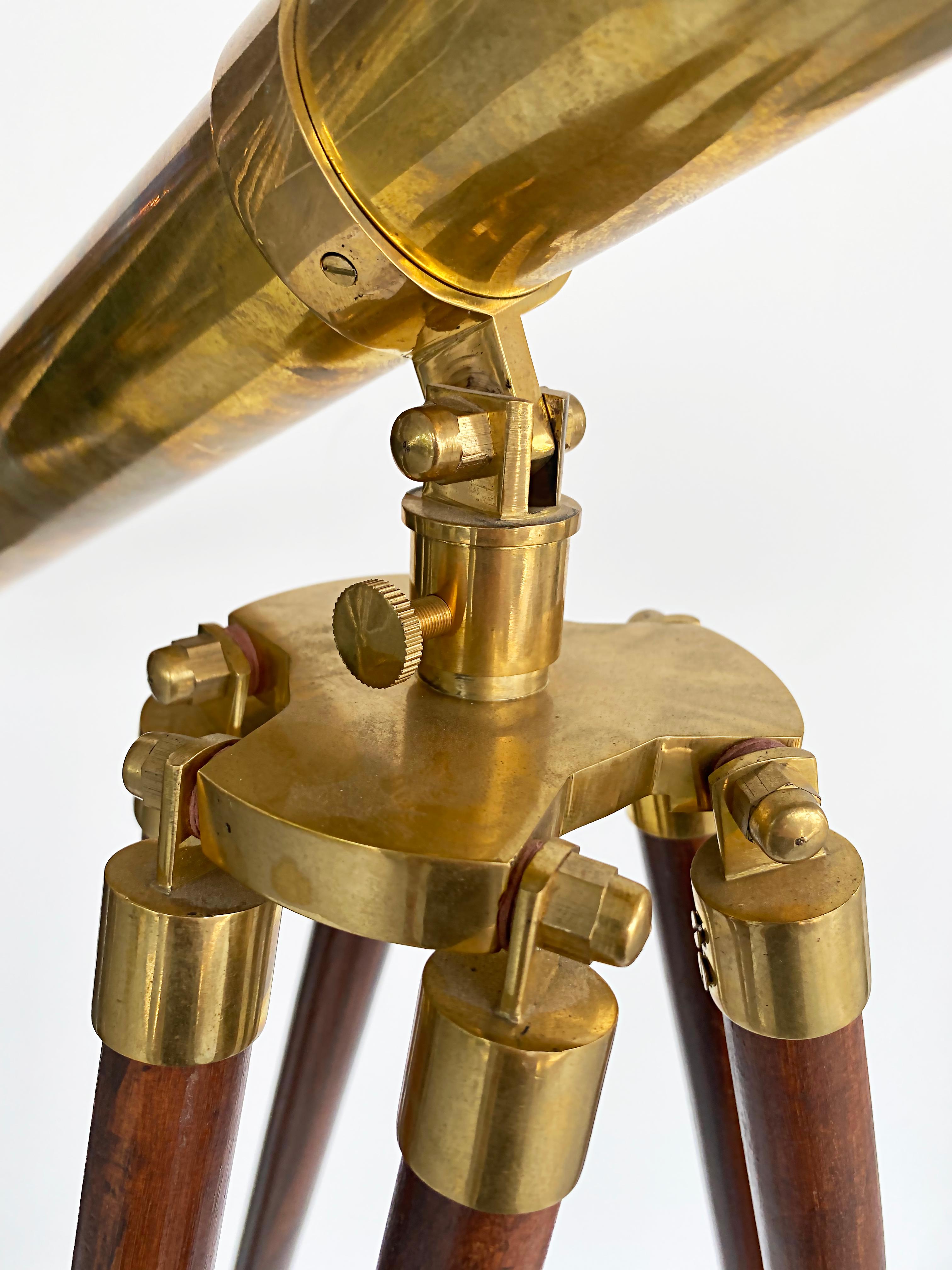 Brass Double Telescope Mounted on Adjustable Tripod Wooden, Brass Mounted Stand 1