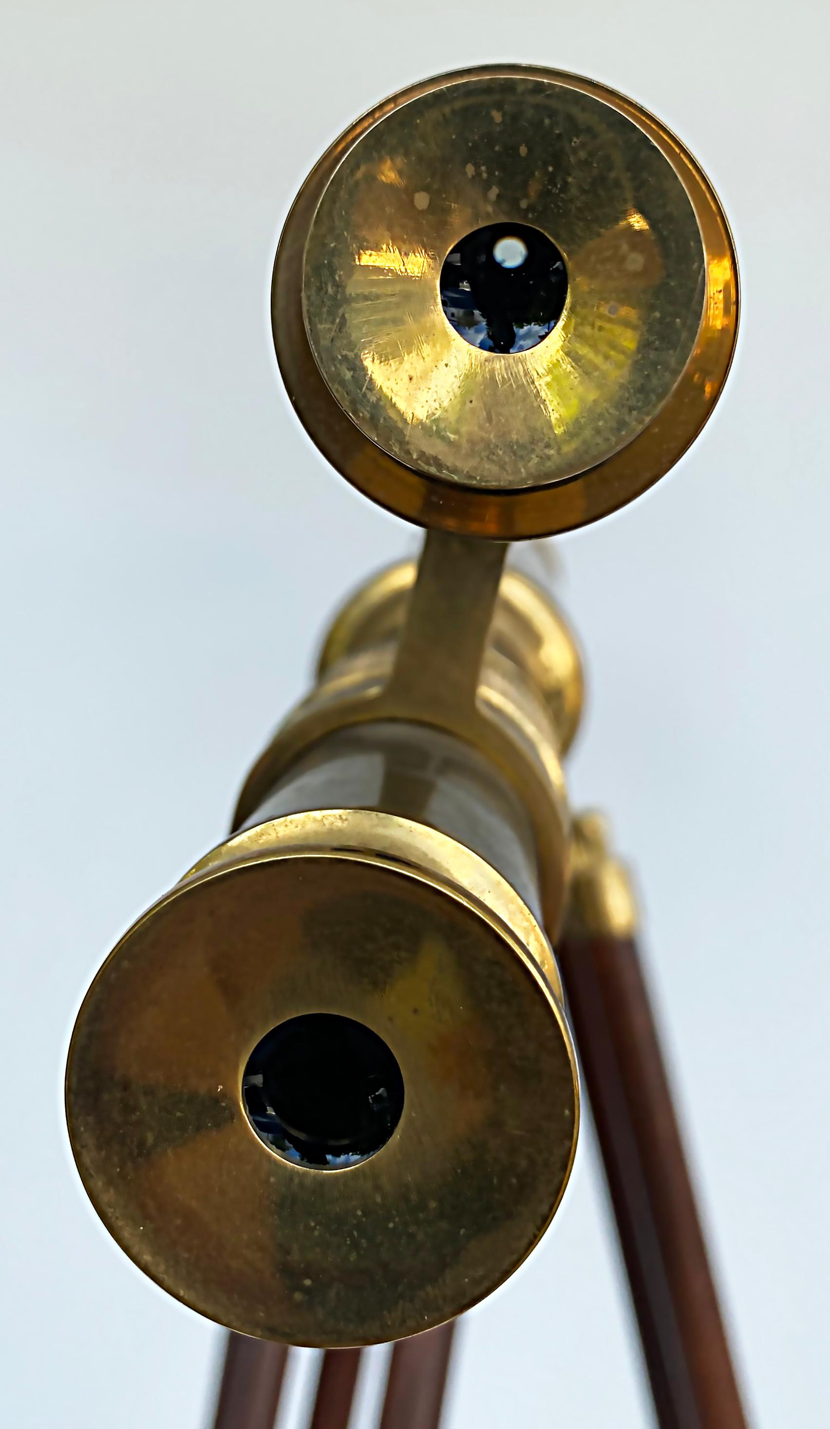 Brass Double Telescope Mounted on Adjustable Tripod Wooden, Brass Mounted Stand 2