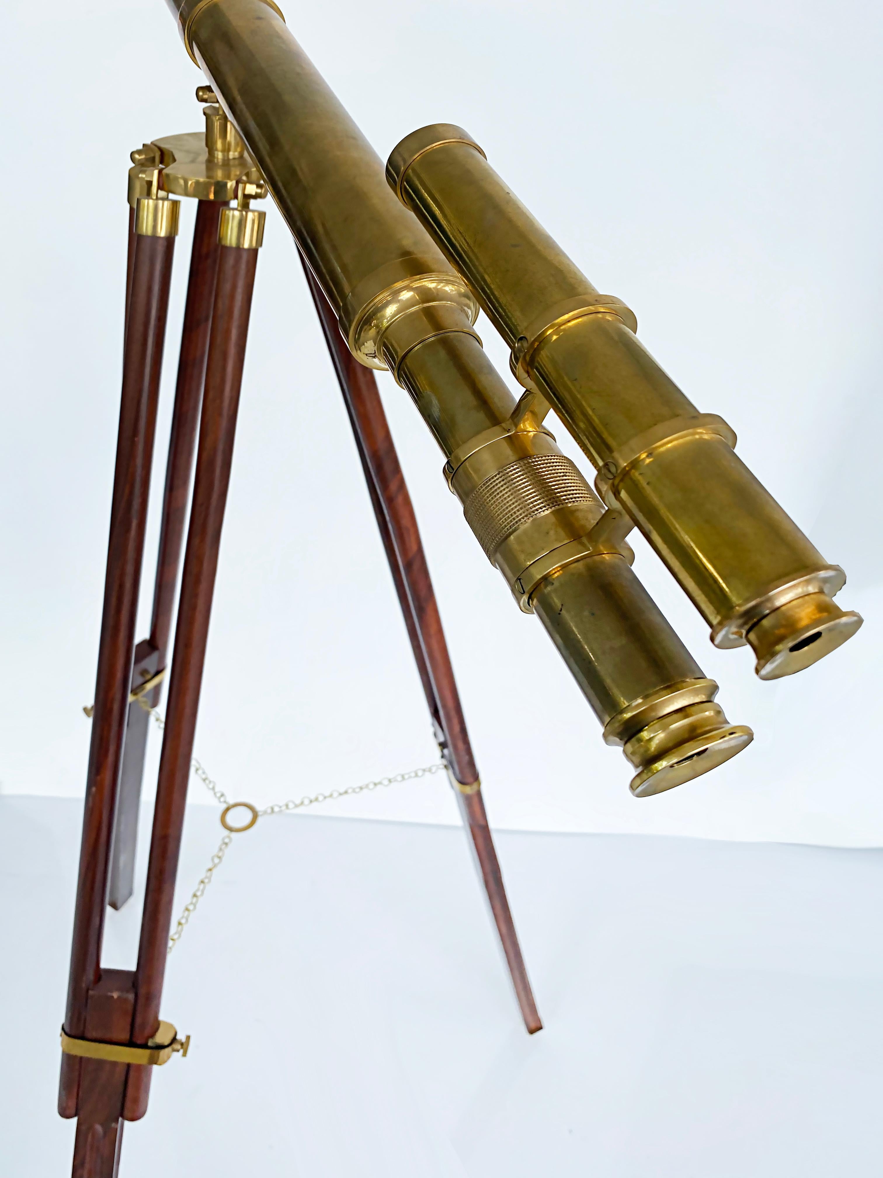 Brass Double Telescope Mounted on Adjustable Tripod Wooden, Brass Mounted Stand 3