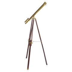 Brass Double Telescope Mounted on Adjustable Tripod Wooden, Brass Mounted Stand
